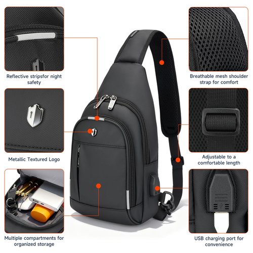 Crossbody Bag for Men, Sling Bag with USB Charging Port & Reflective Strips, Water-Resistant Shoulder Bag Fits Switch 2, Small Backpack Daypack for Travel, Hiking, Gym, Running, Daily Commute