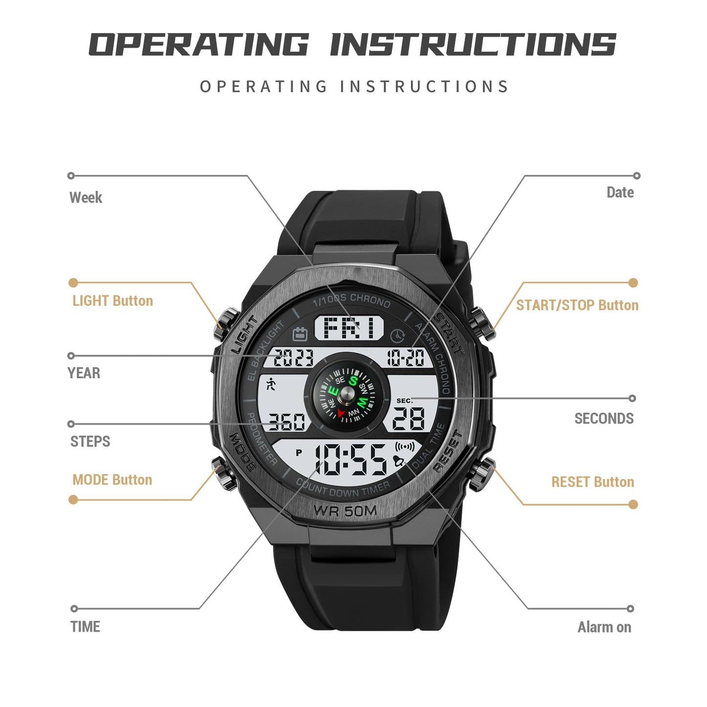 TOOCAT Multifunctional Outdoor Wristwatch (Unisex), 50m Water-Resistant Digital Watch with Step and Calorie Tracking, No Phone Connection Required, No Charging Needed (Black/White)