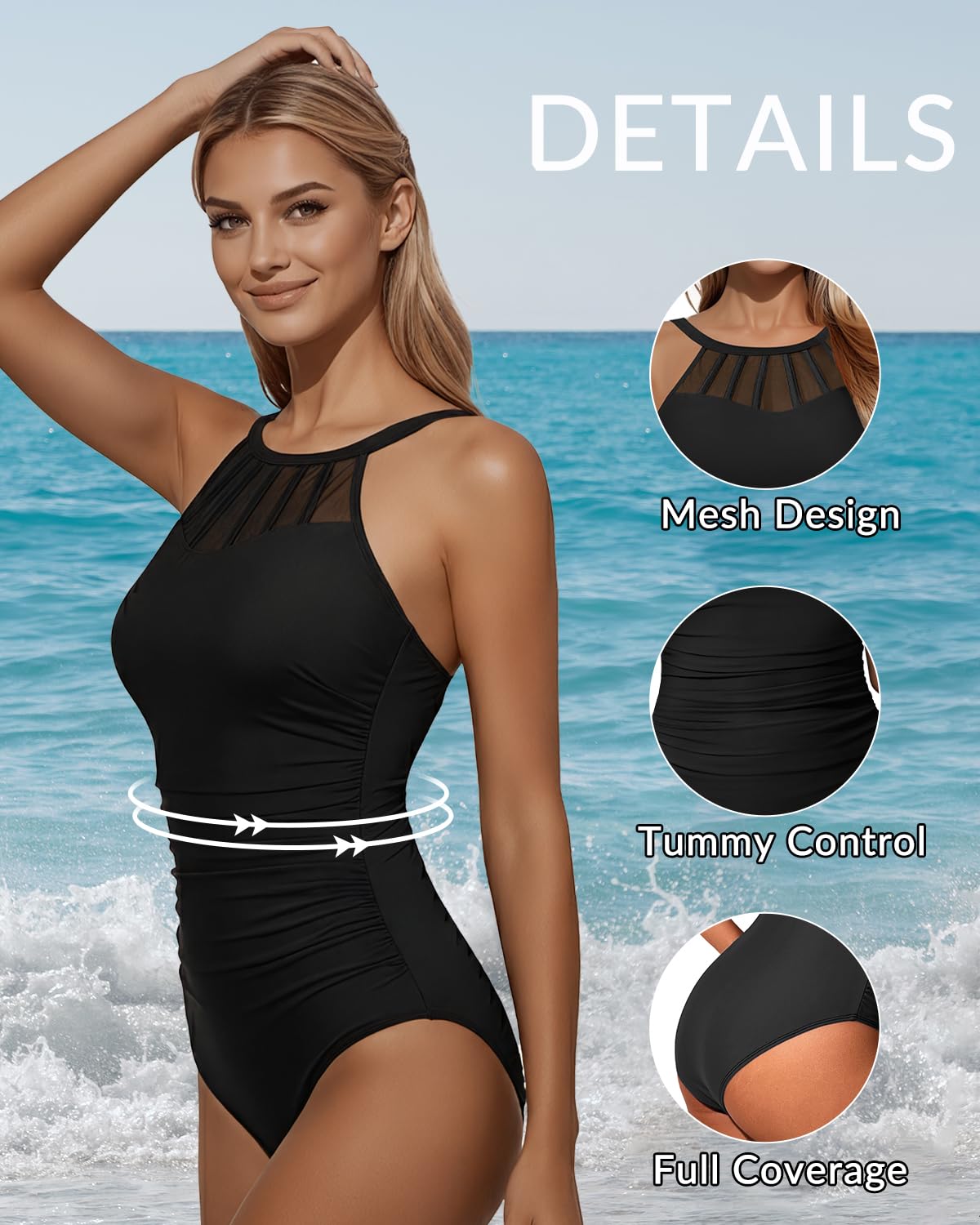 Holipick Black One Piece Swimsuit Women Tummy Control High Neck M