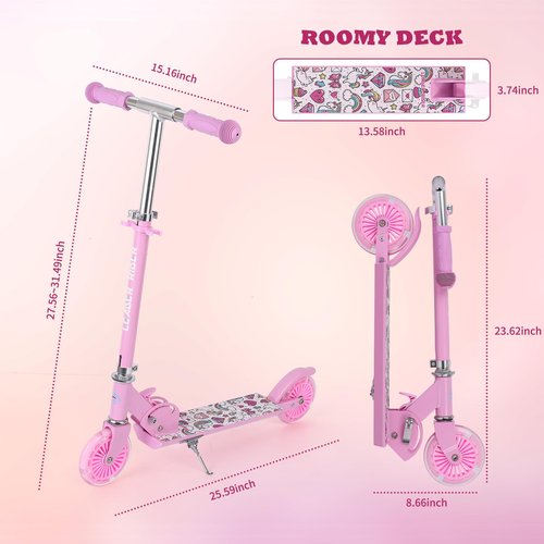 LEADER RIDER Scooters for Kids 3+ with Led Light Up Wheels, Lightweight Foldable Kids Kick Scooters for Girls(Pink)