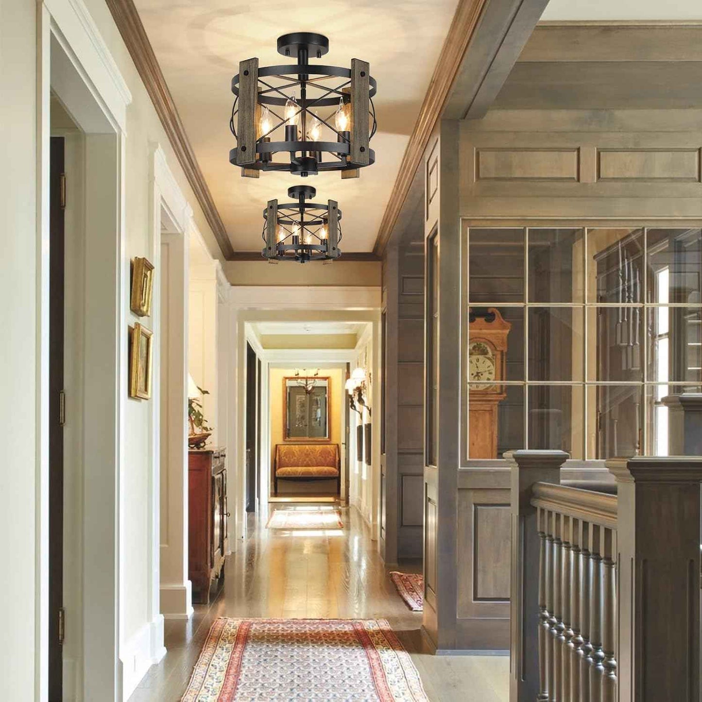 4-Light Rustic Farmhouse Semi Flush Mount Ceiling Light Fixture - Black Industrial Design for Kitchen, Dining Room, and Hallway