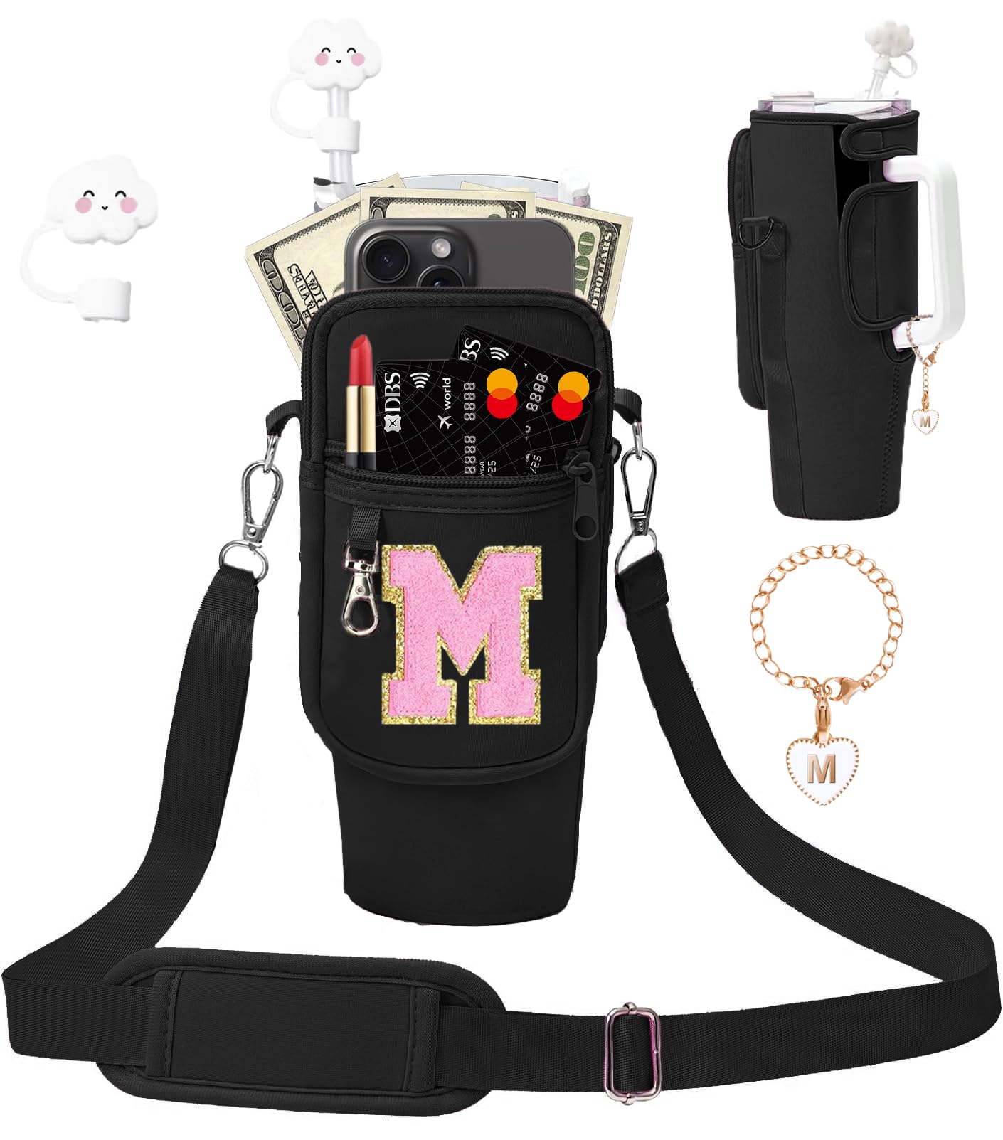 Stanley 40 oz Tumbler Carrier with Strap - Spill Stopper, Straw Cover & Letter Charm