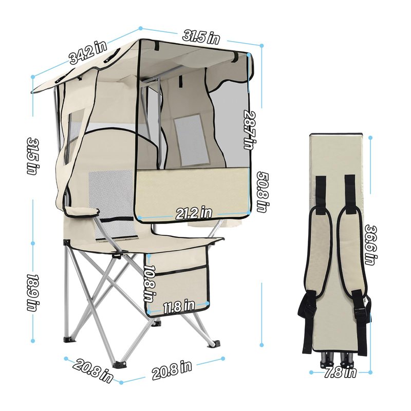 ptlsy Folding Camping Chair with Canopy, Beach Chair with Canopy Shade with Cup Holders, Cooler Bag for Camping, Fishing, Beach, Sports and Concert (White)