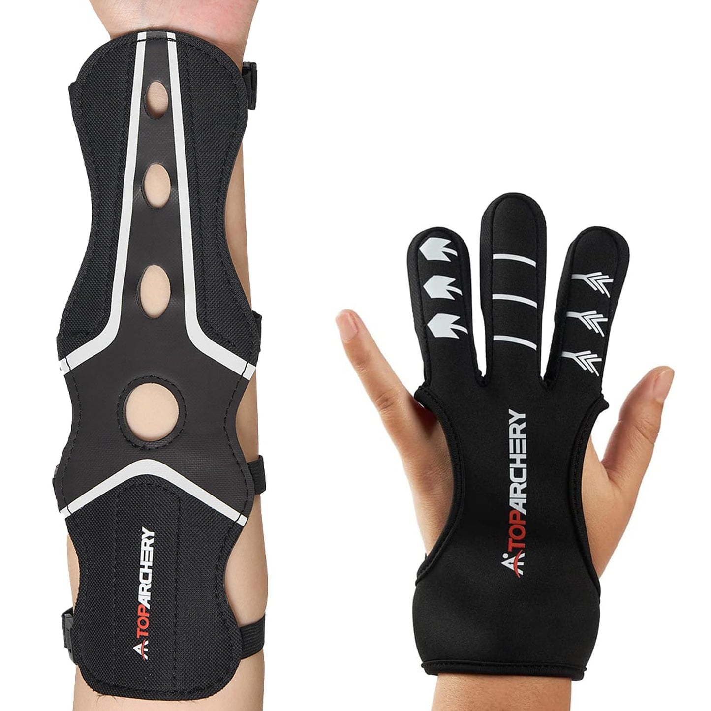 TOPARCHERY Archery Arm Guard & Finger Tab Gloves, Leather Arm Protector Adjustable Protective 4-Strap Accessory Lightweight for Hunting Target Shooting (L)