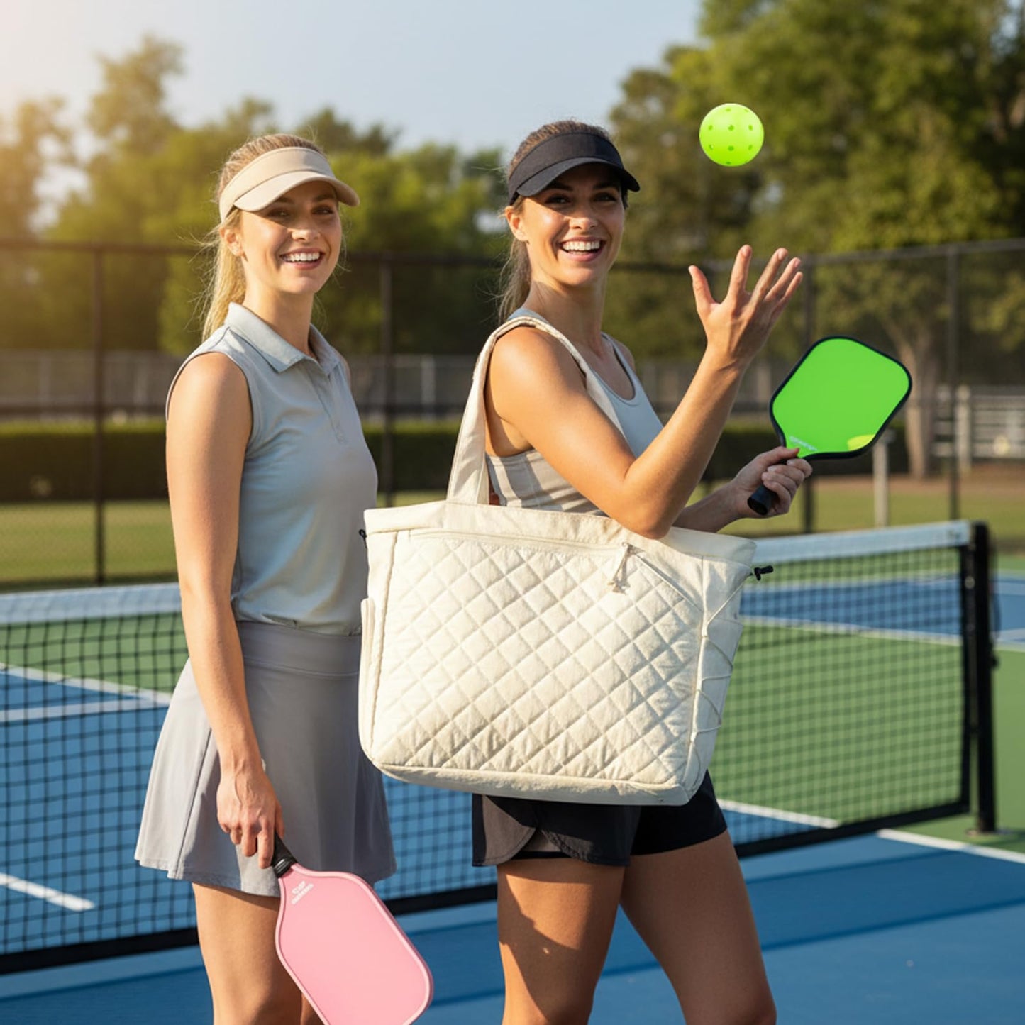 LANBX Pickleball Bag Fits 2 to 6 Paddles, Quilted Pickle ball Tote Bags for Women and Men with Shoe Compartment and Fence Hook, Great Pickleball Gifts