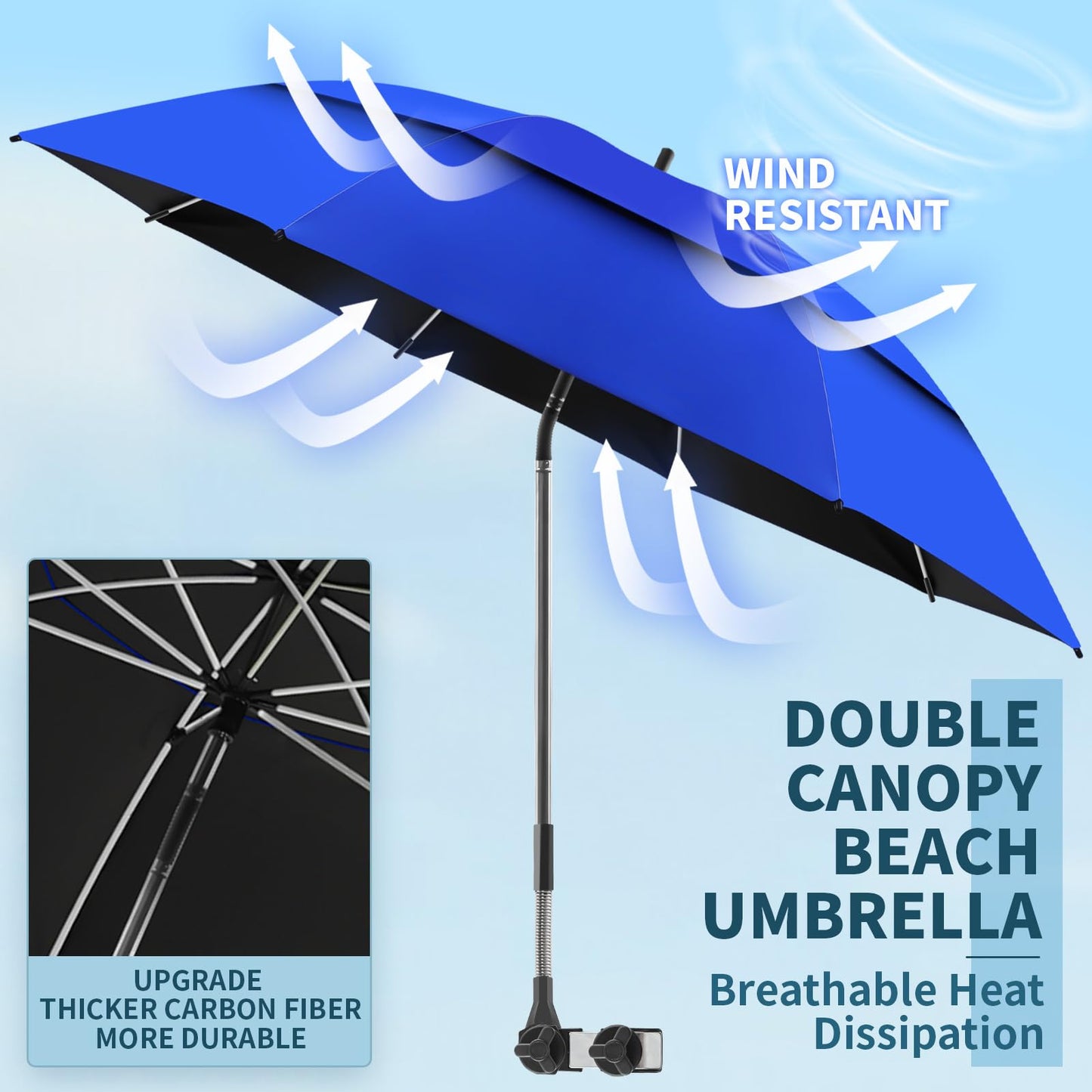 NBtoUS 2 Pack 48.6" Double Canopy Beach Umbrella with Clamp, UPF50+ Beach Chair Umbrella with clip, 360°Adjustable Portable Outdoor Wheelchair, Patio, Golf Carts,Camping(Not Include Chair)