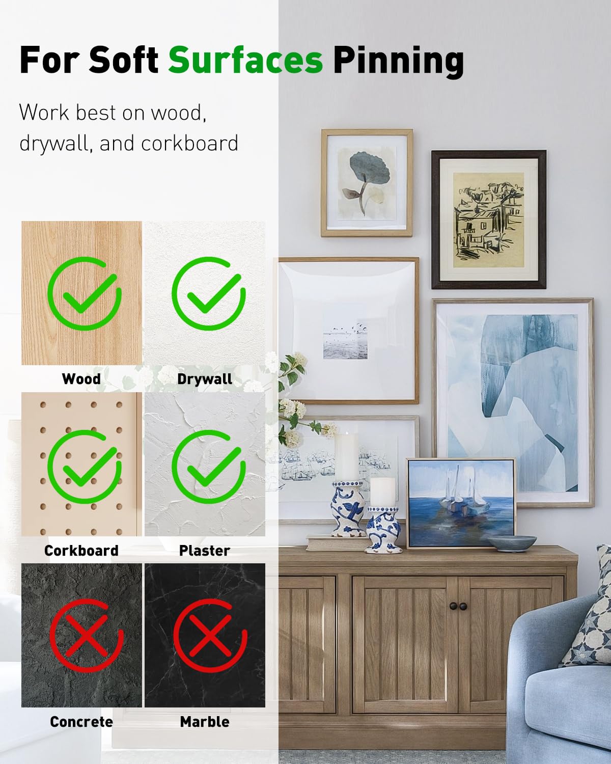 Uniclife 40 Pcs Thumb Tacks, Double Headed Picture Hangers, 4 Size Push Pins for Wall, Picture Hanging Nails, Long Wall Hooks for Pictures Photo Frame Tapestry and Decor, Black