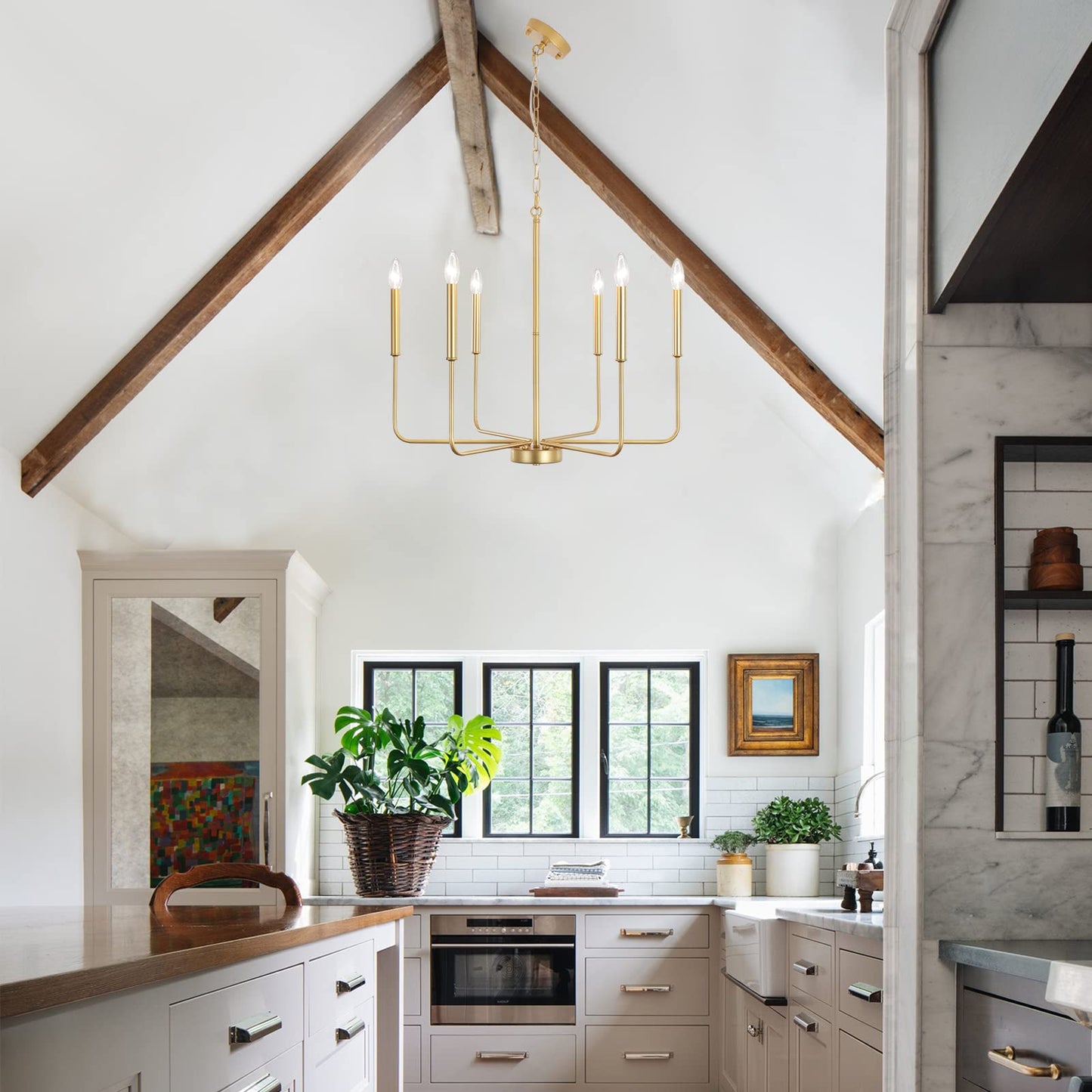 ALISADABOY Spray Gold Chandeliers for Dining Room 26.2'' Modern Farmhouse Candle Chandelier 6-Light Rustic Pendant Lighting Fixture Industrial Ceiling Light for Living Room Foyer Entryway Kitchen