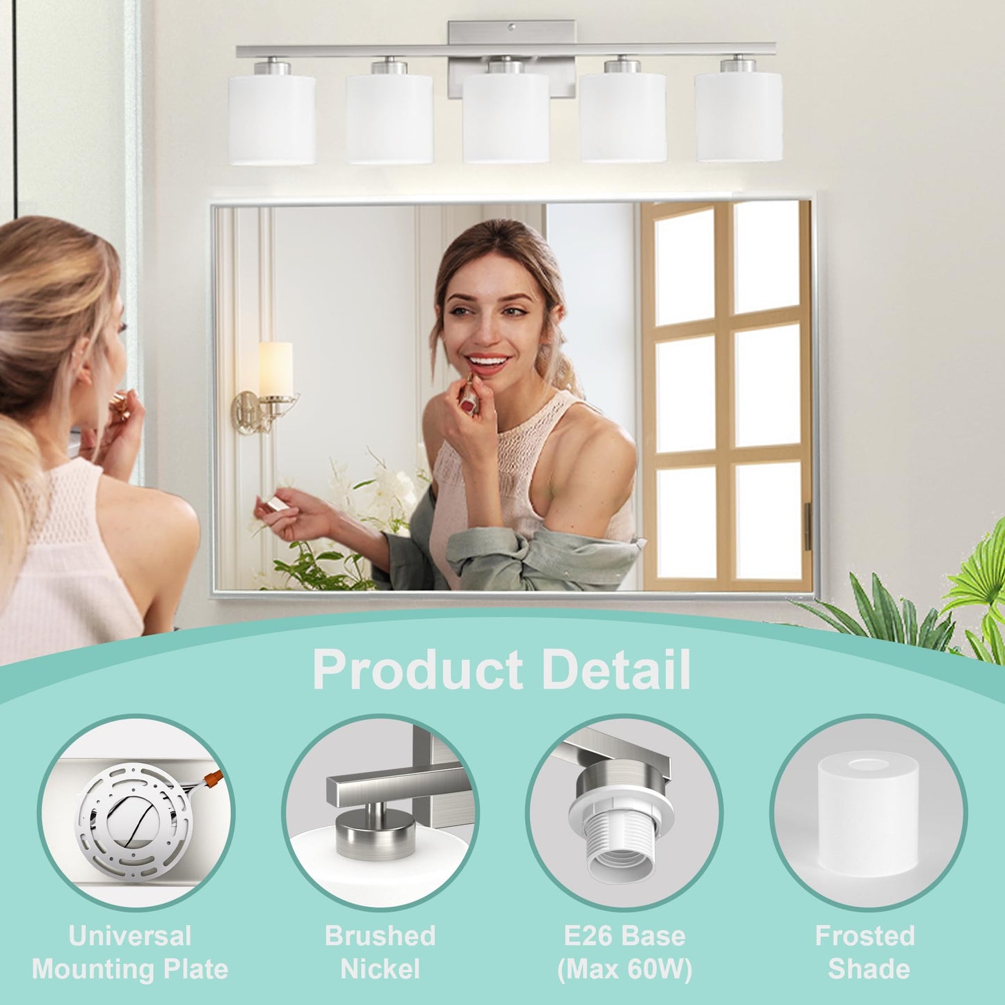 Honesorn Modern Vanity Lights - 5-Light Bathroom Fixture with Frosted Shade & Anti-Rust Nickel Finish