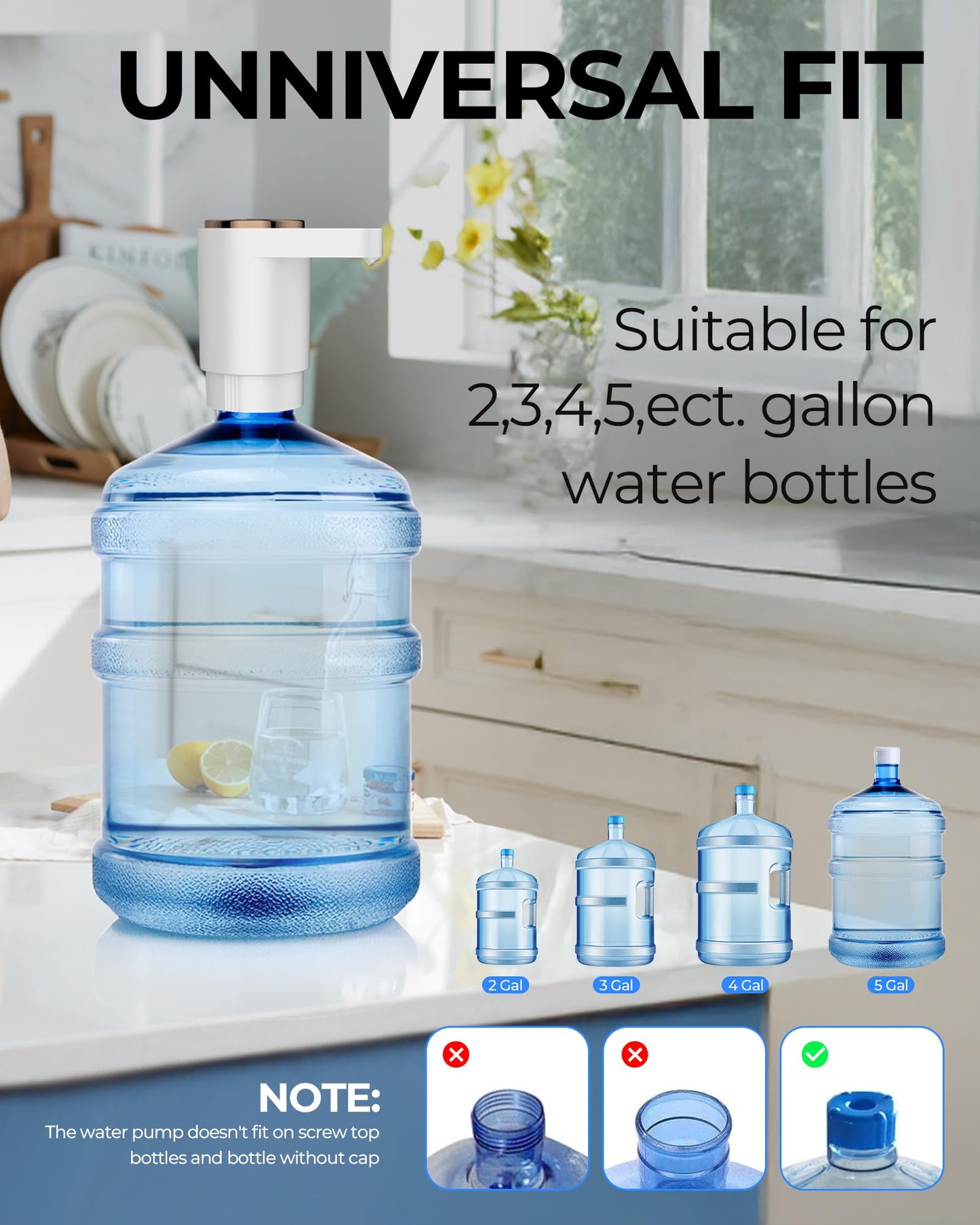 CozyCharm Water Bottle Pump, Portable Electric Water Dispenser Pump for 5 Gallon Bottles - USB Charging, Automatic Switch, Rechargeable Battery for Home Kitchen Room Camping, White