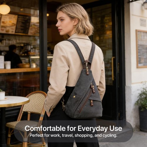 BRASS TACKS Leathercraft Vintage Canvas Sling Bag for Men and Women, 3-in-1 Convertible Crossbody Backpack Chest Bag with Genuine Leather Zipper, Large Capacity Travel Daypack (Gray)