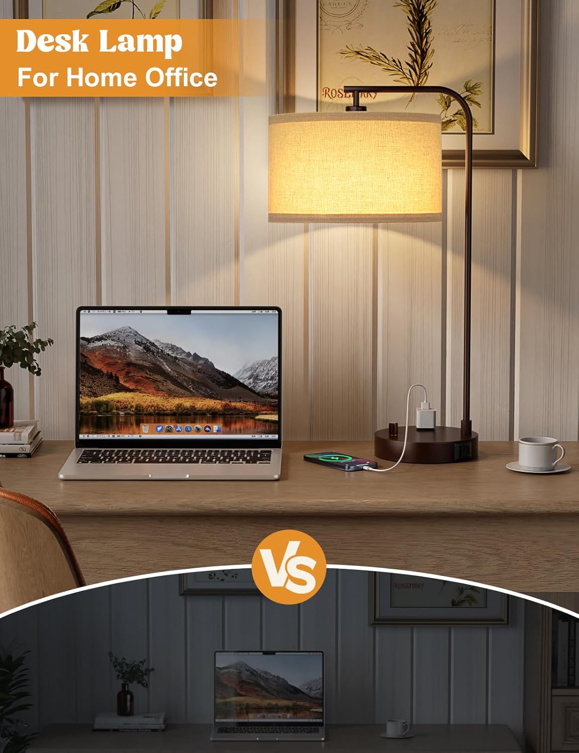 Dimmable Tall Table Lamp with USB Port & Outlet - Linen Shade Bedside Desk Lamp for Bedroom, Living Room, Home Office