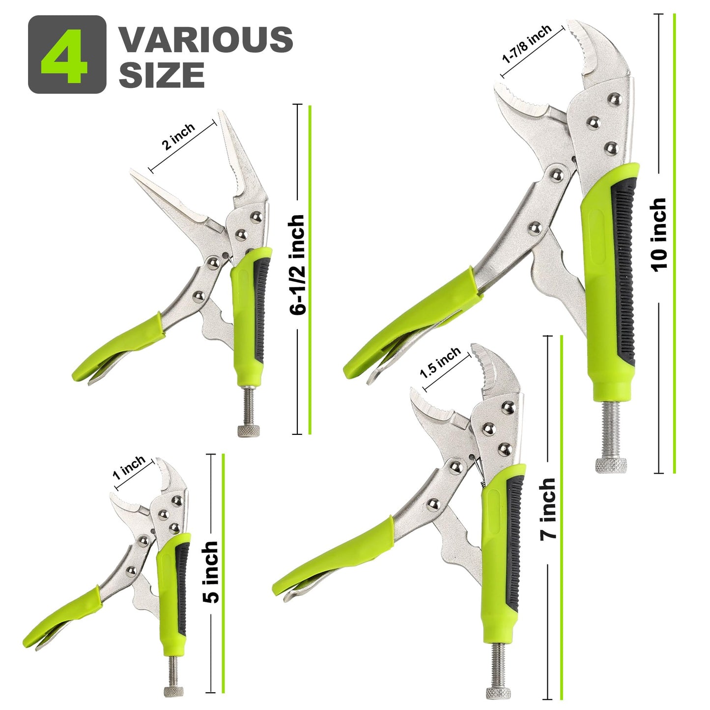 FASTPRO 4-Piece Locking Pliers Set with Heavy Duty Grip, 5", 7" and 10" Curved Jaw, 6-1/2" Long Nose Locking Pliers Included, Vise Grip Wrench Set, Green