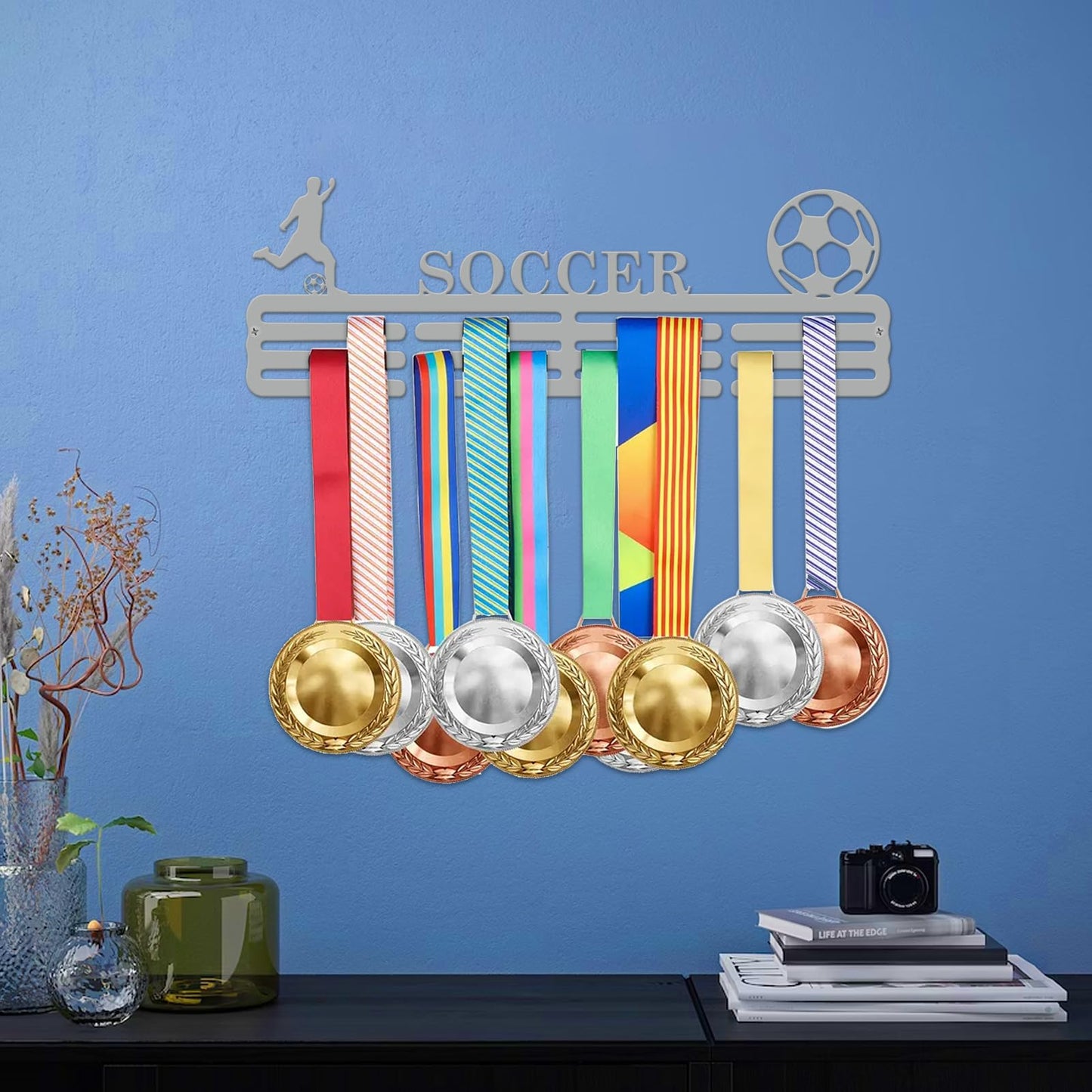 Resama World Cup Soccer Medal Hanger Holder Display Rack for Awards Ribbons Personalized Medal Sports Themed Race Ribbon Holder for Wall Metal Display for Men Boy Girl Kid Silver