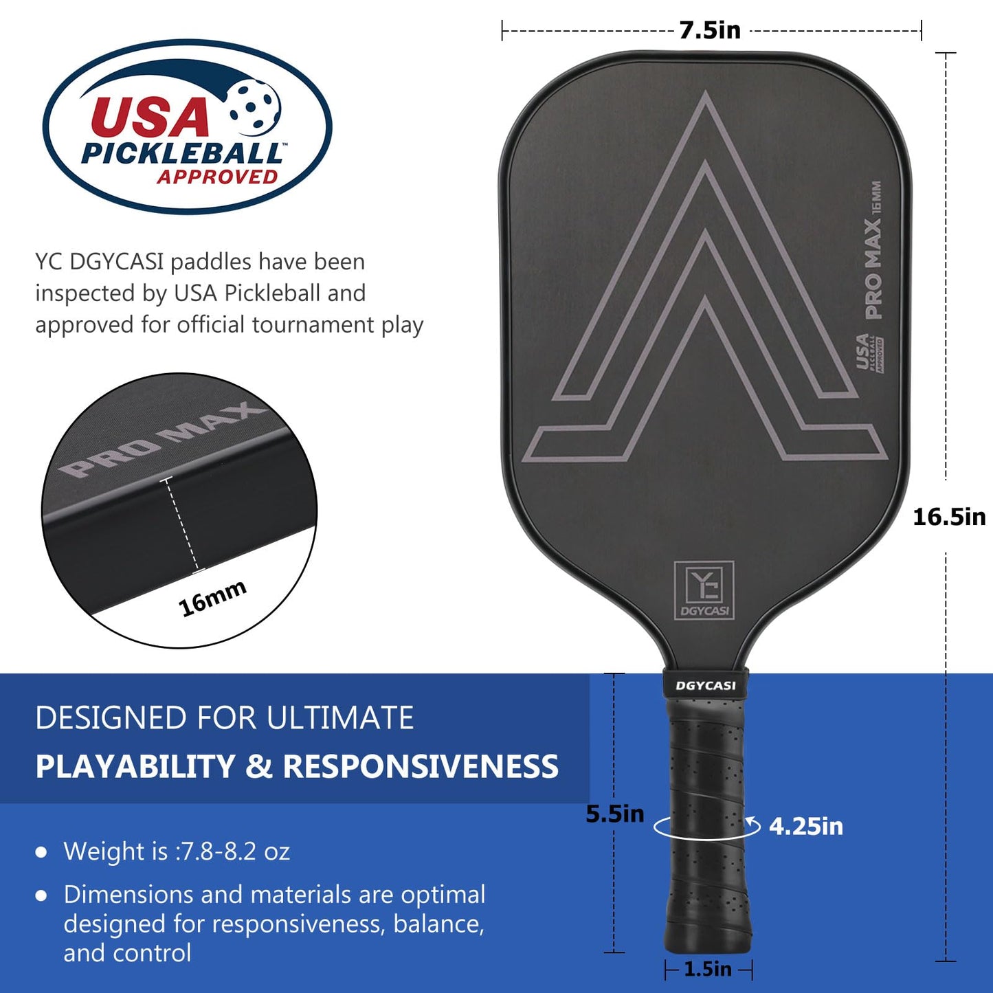 YC DGYCASI 16mm Pickleball Paddles Professional, 2025 USAPA Approved, Carbon Fiber Surface (CFS), Polypropylene Lightweight Honeycomb Core, with Cover Case Black