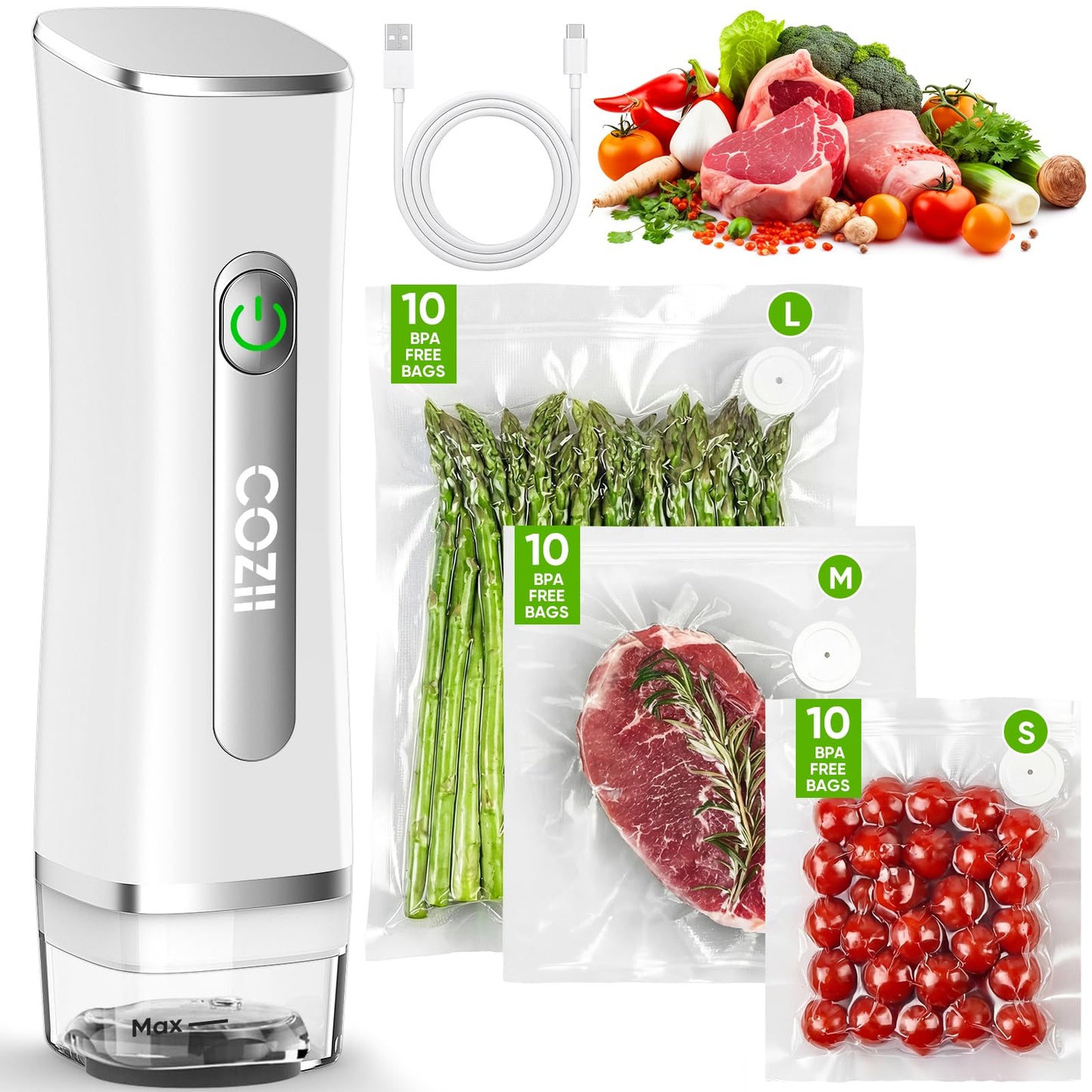 COZII Vacuum Sealer for Food, Powerful Handheld Vacuum Sealer with 30 Reusable Bags, Rechargeable Design with Visible Detachable Tank, Portable Food Saver for Kitchen Camping Travel and Meal Prep
