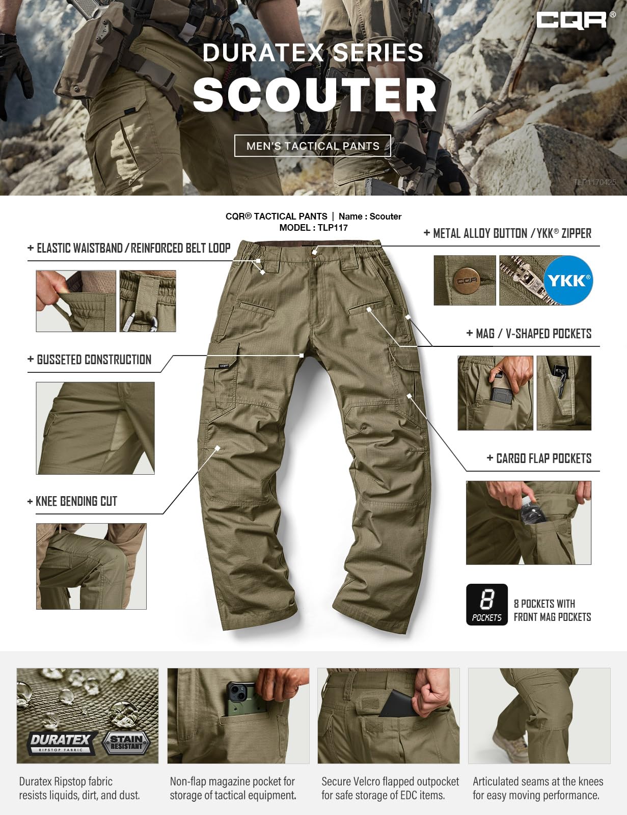 CQR Men's Tactical Pants, Water Resistant Ripstop Cargo Pants, Lightweight EDC Work Hiking Pants, Outdoor Apparel, Raider Soil Green, 40W x 32L