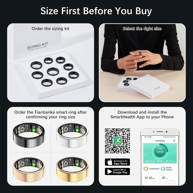 Ring Health Tracker for Women Men, Fit Ring with Heart Rate, Blood Oxygen, Sleep Monitor, Calories, Step Counter, IP68 Waterproof Smart Ring for iPhone & Android, No Subscription Fee (Gold, 10#)