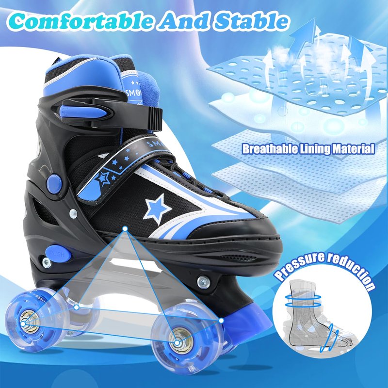 SMOOJOY Kids Roller Skates for Boys and Girls with Light-Up Wheels 4 Size Adjustable Blue Skates Shoes for Youth Ages 3-12 Years Children's Birthday Gift Beginners Rollerskates