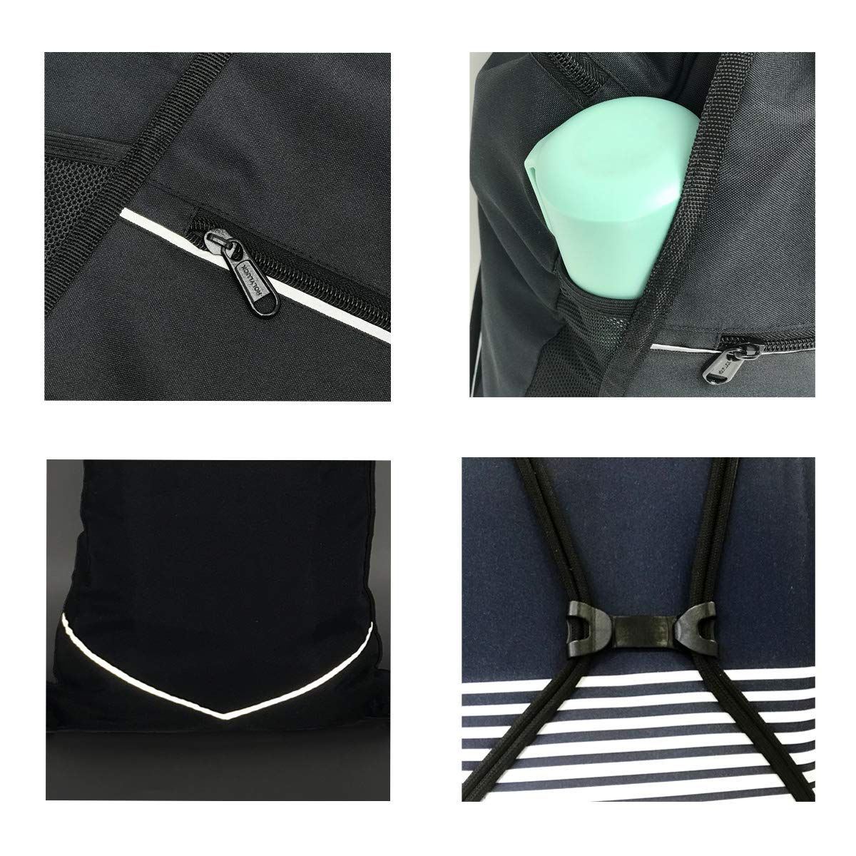 HOLYLUCK Packable Drawstring Sackpack Wet Pocket with Zipper and Water Bottle Mesh Pockets (Navy blue)