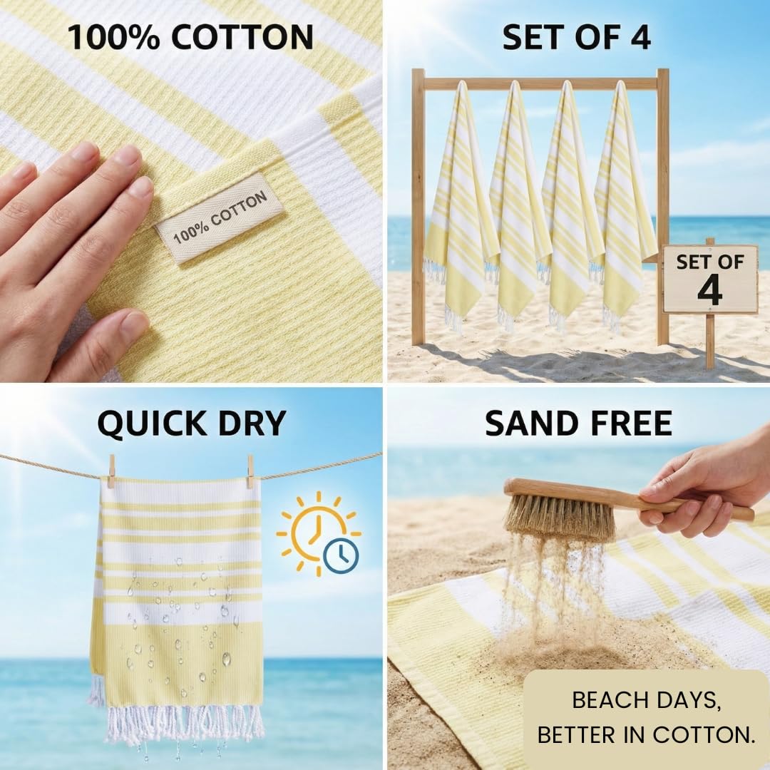 DineNest Turkish Beach Towels Set of 4 - Oversized Cotton Beach Towels 40X70 inch - Sand Free Quick Dry Beach Blanket for Adults - Extra Large Towels for Beach Bath Pool Yoga Travel - Yellow
