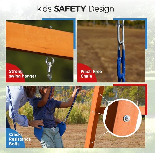 Dolphin Playground Wooden Swing Set for Kids - Heavy Duty Outdoor Play with Trapeze Bar & 2 Belt Swings