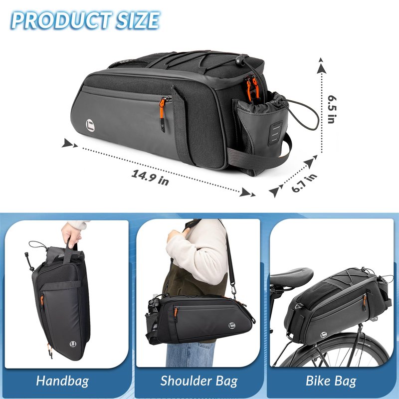 WOTOW Rear Bike Rack Bag - 8L Waterproof Bicycle Trunk Bag with Water Bottle Holder, Reflective Panniers Bike Bags for Bicycles Saddle Back Seat Storage Cargo Luggage Pouch Shoulder Bag Women Men