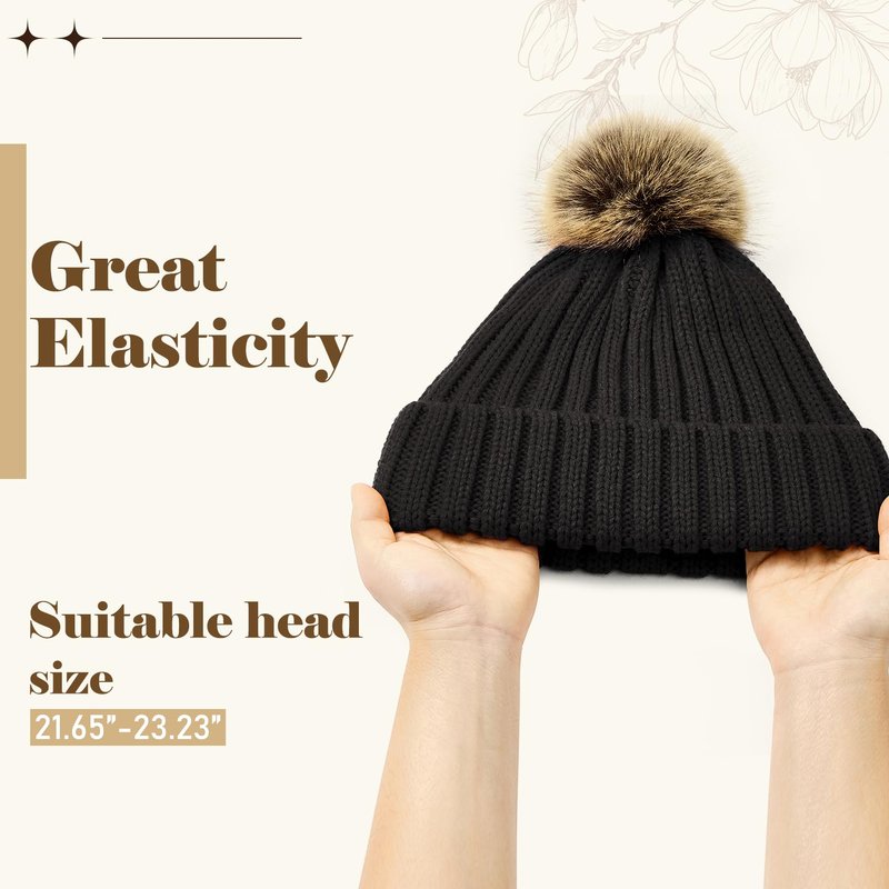 Century Star Womens Satin Lined Winter Beanie with Detachable Faux Fur Pom Pom, Warm Knit Cuffed Hat for Cold Weather Black One Size