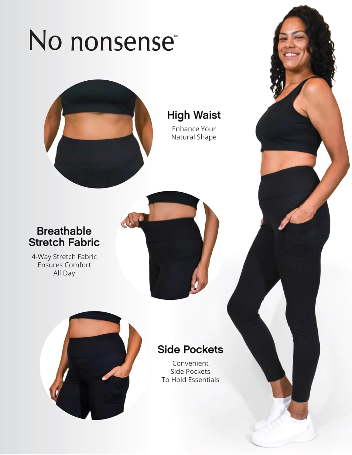 No Nonsense Women's Workout Leggings - Tummy Control, High Waist Yoga Pants with Pockets