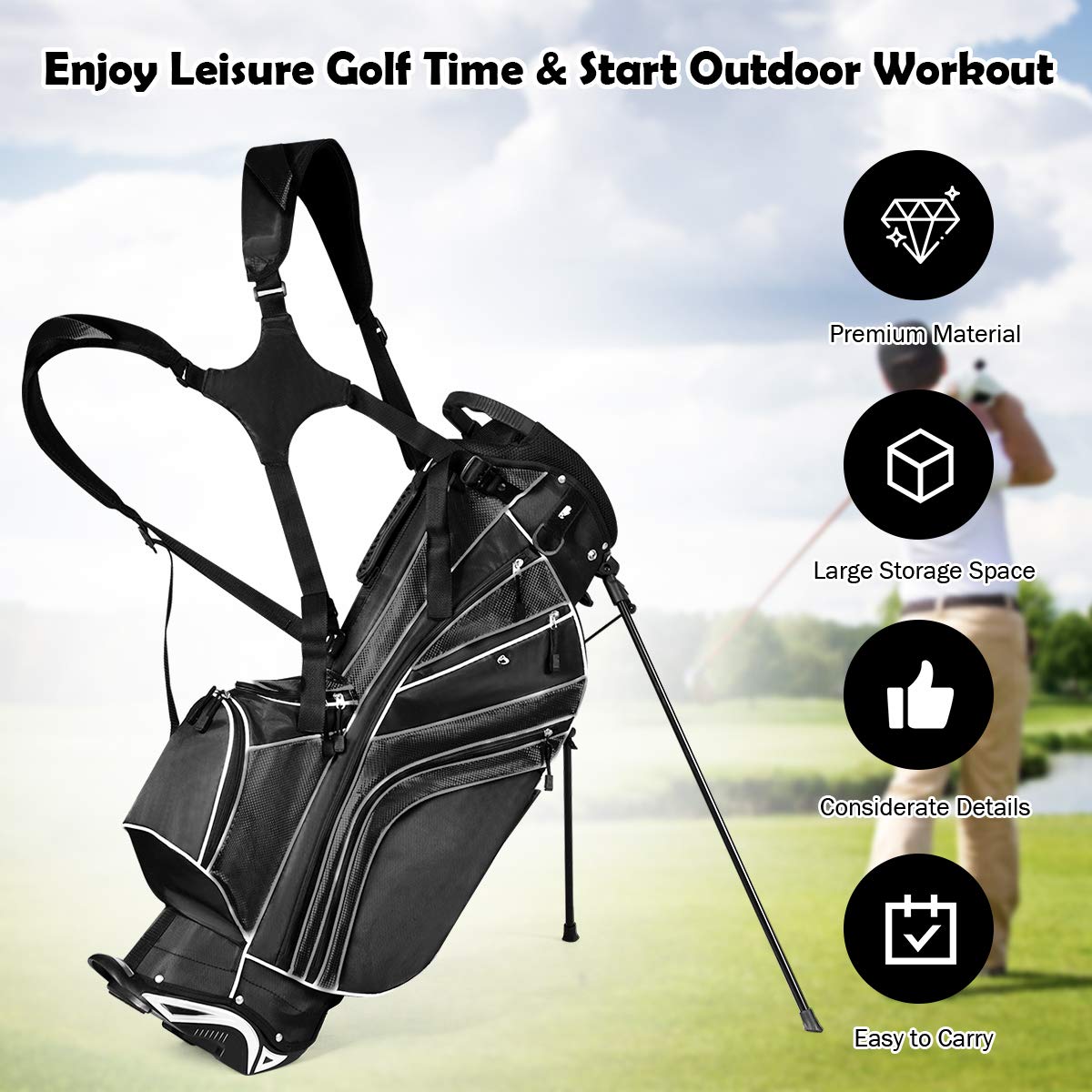Renatone Golf Stand Bag, Lightweight Organized Golf Bag w/ 6 Way Dividers, 7 Pockets & Padded Dual Straps, Easy to Carry Golf Club Bag for Men & Woman (Black)