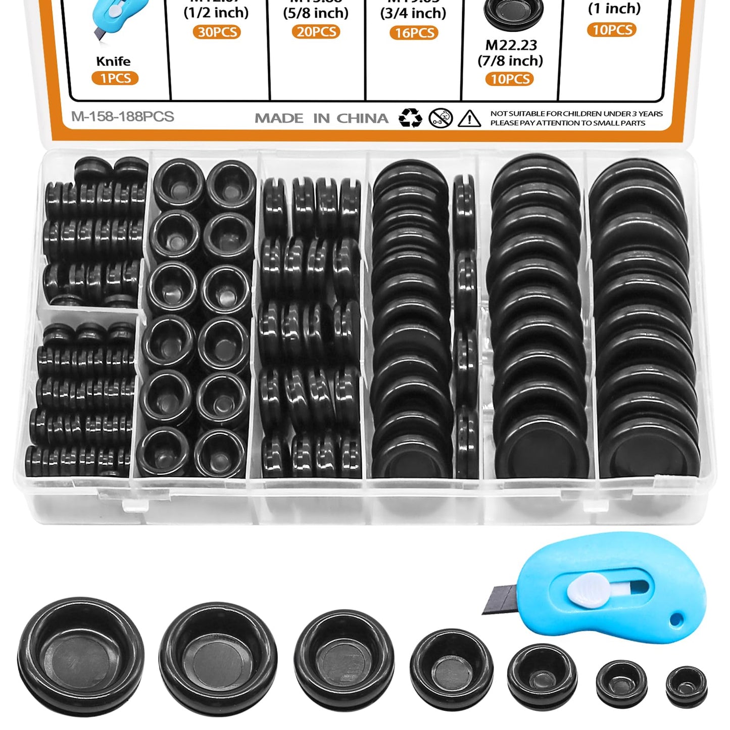 mankk 188PCS Closed Rubber Grommet Kit Firewall Hole Plug Assortment Kit 7 Size(7/25" 3/8" 1/2" 5/8" 3/4" 7/8" 1") Drill Hole Round Rubber Hole Plug with Knife