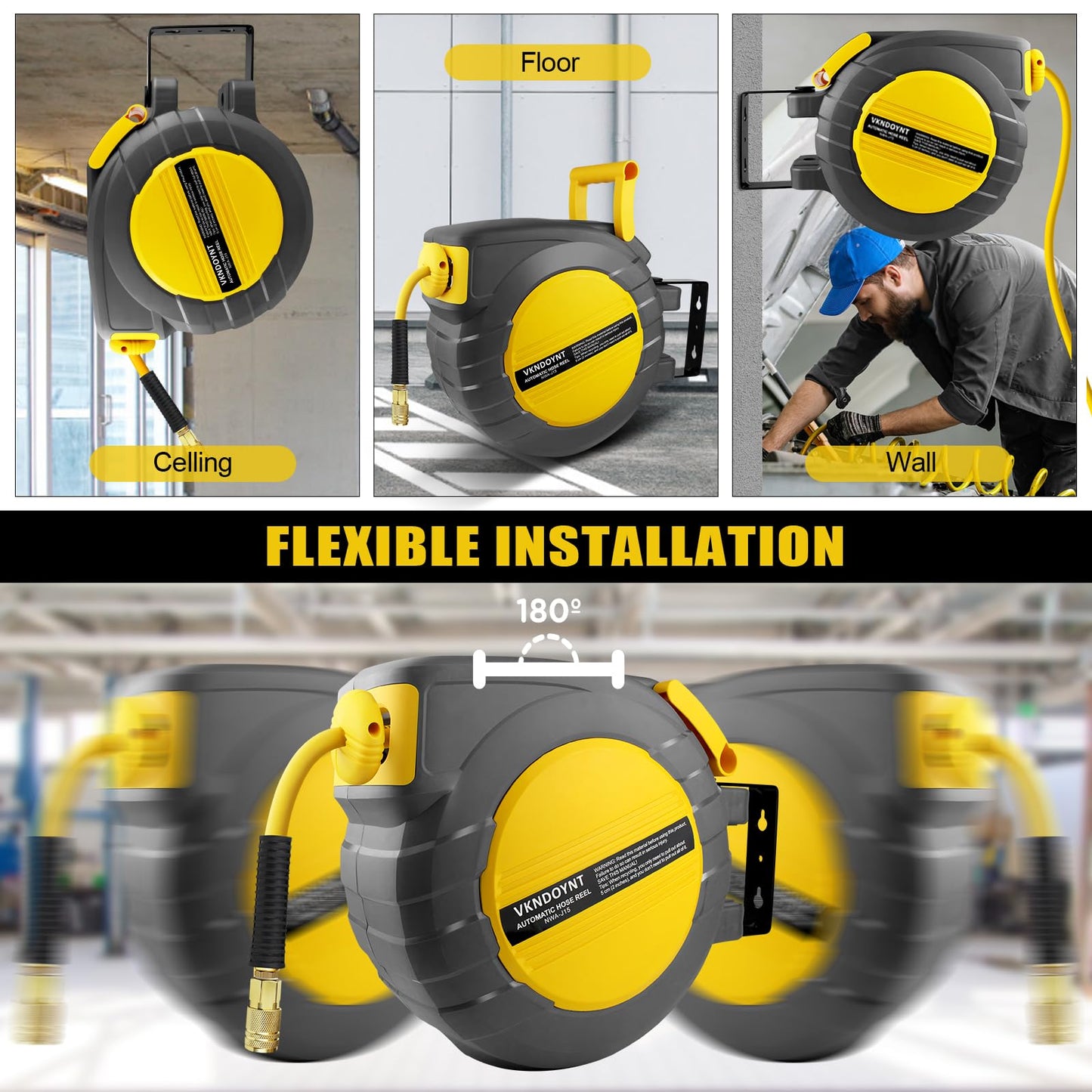 Retractable Air Hose Reel, 3/8 in x 50 FT Hybrid Polymer Hose, Air Compressor Hose Reel with 5 ft Lead in, Ceiling/Wall Mount Enclosed Air Reel, 180° Swivel Mount