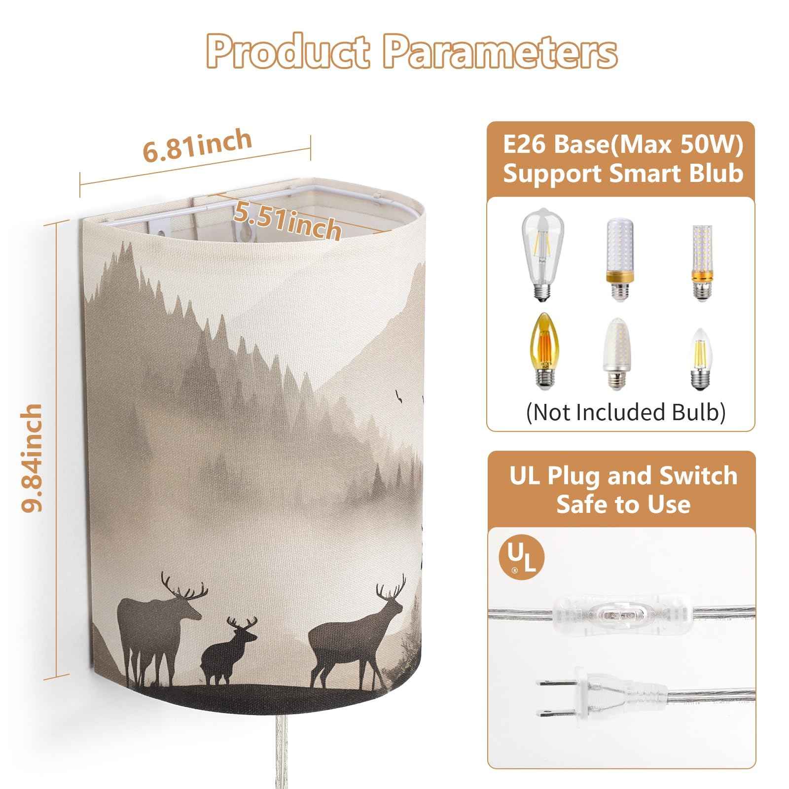Novantl Fabric Plug in Wall Sconces, HD Printing Deer Wall Lamp, Rustic Farmhouse Corner Wall Sconce Plug in, Plug in Sconce with UL Certified Clear Cord, Wall Lamps for Living Room, Bedroom (2 Packs)