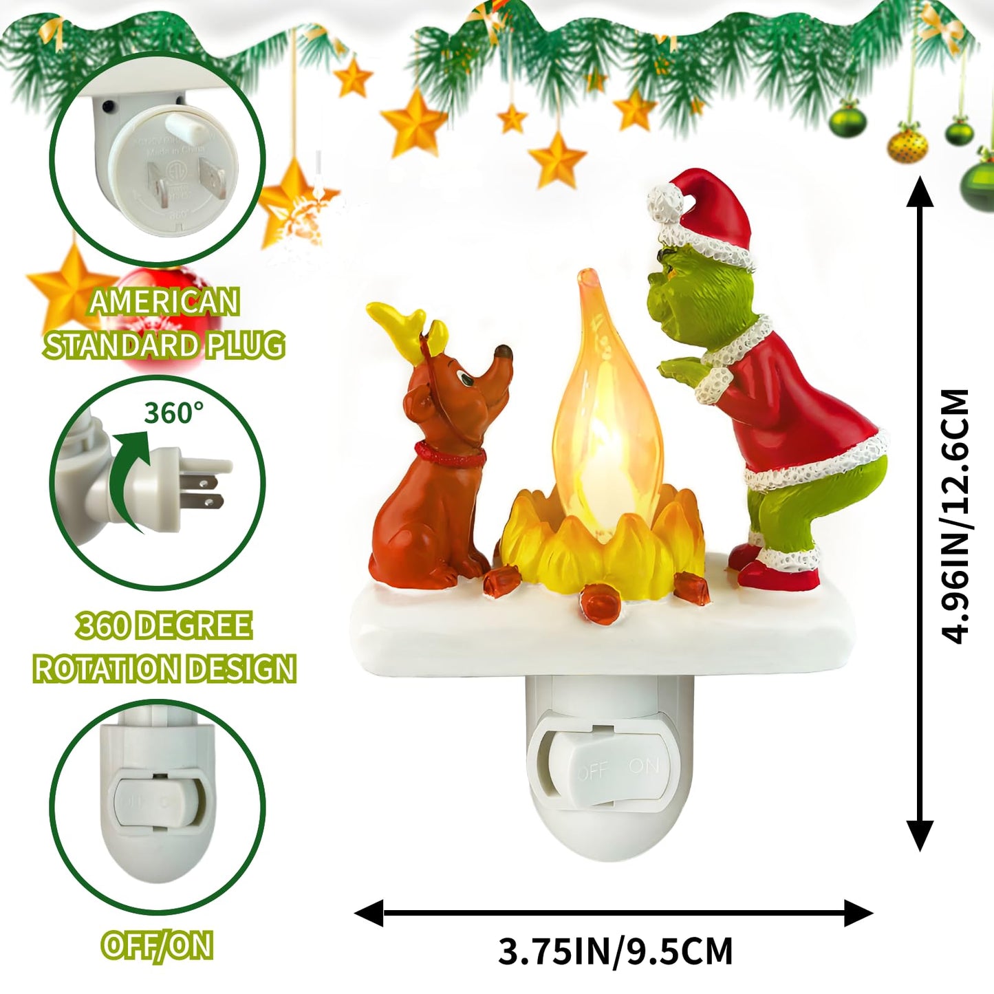 HFZCZW 2025 Christmas Night Light, Christmas Green Monster Campfire Nightlight, Eve Campfire Flickering Night Light Gifts for Family, Plug-in