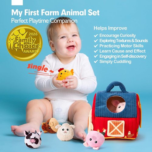 Hahaland Baby Toys - Surprise Barn Stuffed Farm Animals | Rattle, Crinkle, Montessori Sensory Toys for 6-12 Months