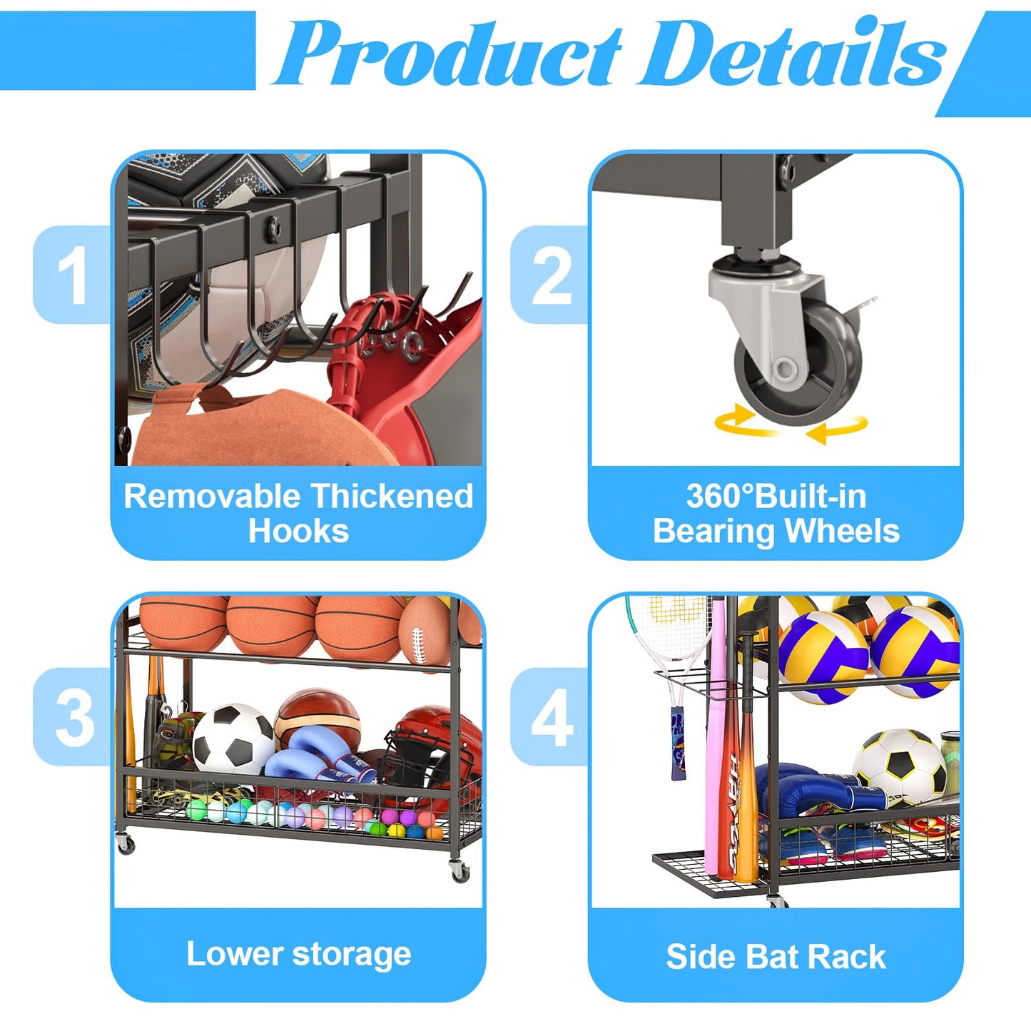 Basketball Hoop,Wheeled Sports Ball Storage Rack,Double-Row Basketball Hoop Holds 16+ Balls,Ball Storage Rack with Baseball Bat Holder and Hooks,Stores Basketballs,Soccer Balls,Footballs,etc.-Black