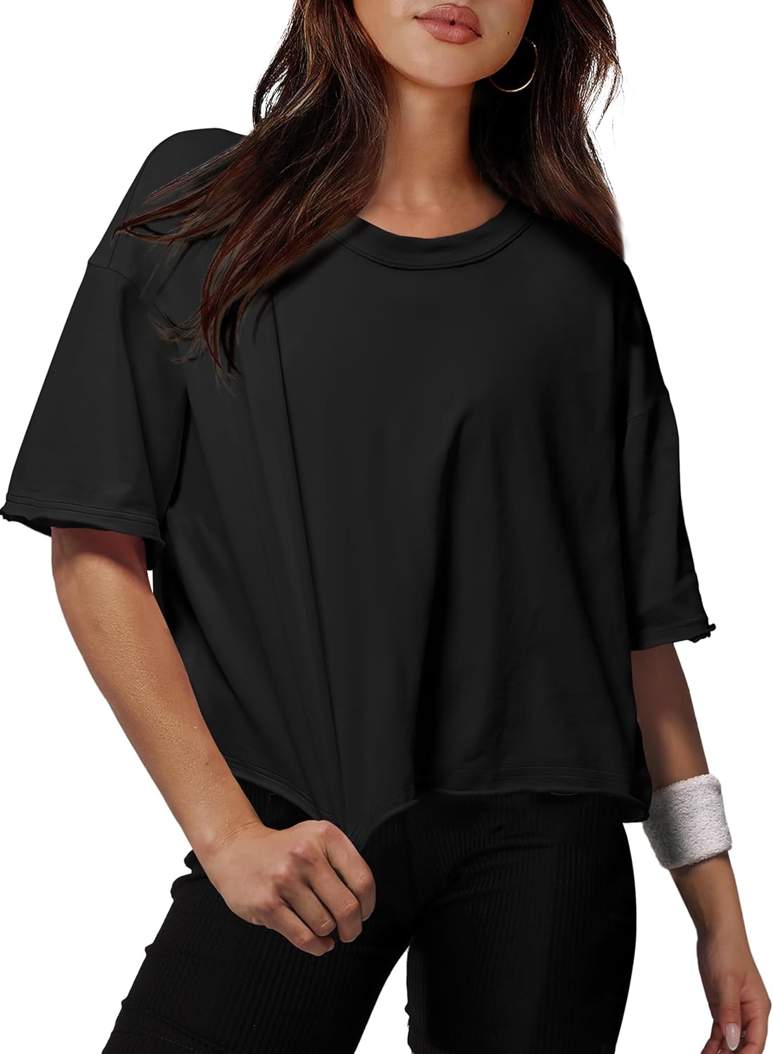 XIEERDUO Cotton T-Shirts for Women - Oversized Drop Shoulder Crop Tops | Comfortable Workout Tees