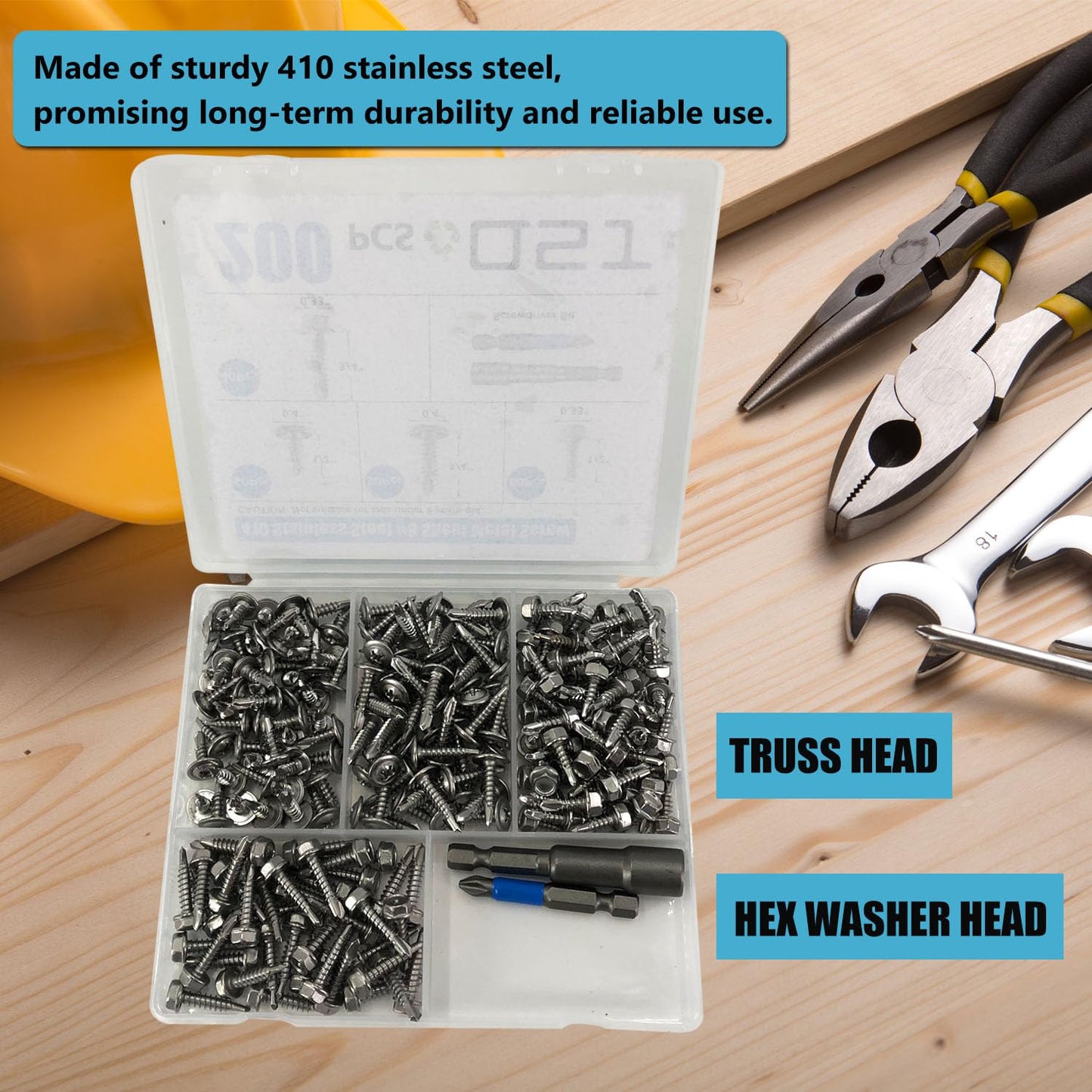 QSJ 200PCS #8 Sheet Metal Screws Set 410 Stainless Steel Fast Self Tapping Screws with Screwdriver Bit Silver