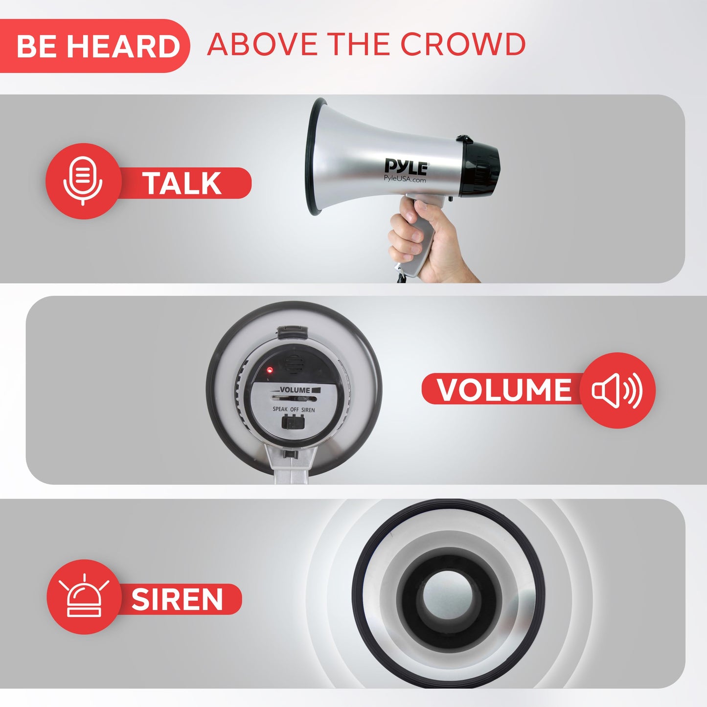 Pyle Portable Megaphone Speaker Siren Bullhorn - Compact, Battery Operated, 20W Power, Microphone, 2 Modes, PA Sound, 1000 Yards Range, Foldable Handle for Cheerleading and Police Use (Silver)