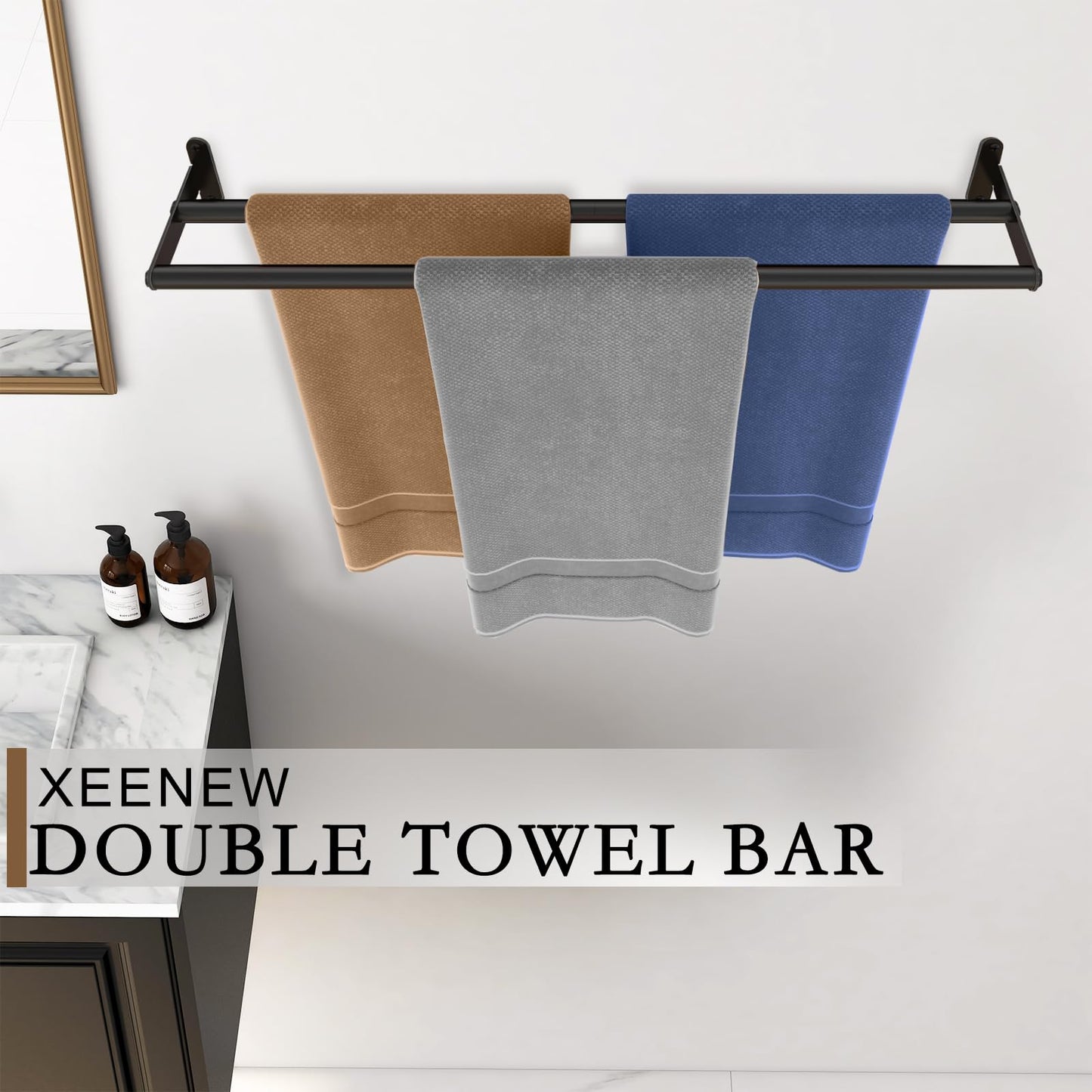 XEENEW Double Towel Bar, 24 Inch Towel Racks for Bathroom, Stainless Steel Bathroom Towel Holder, Towel Rack Wall Mounted Towel Hanger Towel Rod, Matte Black