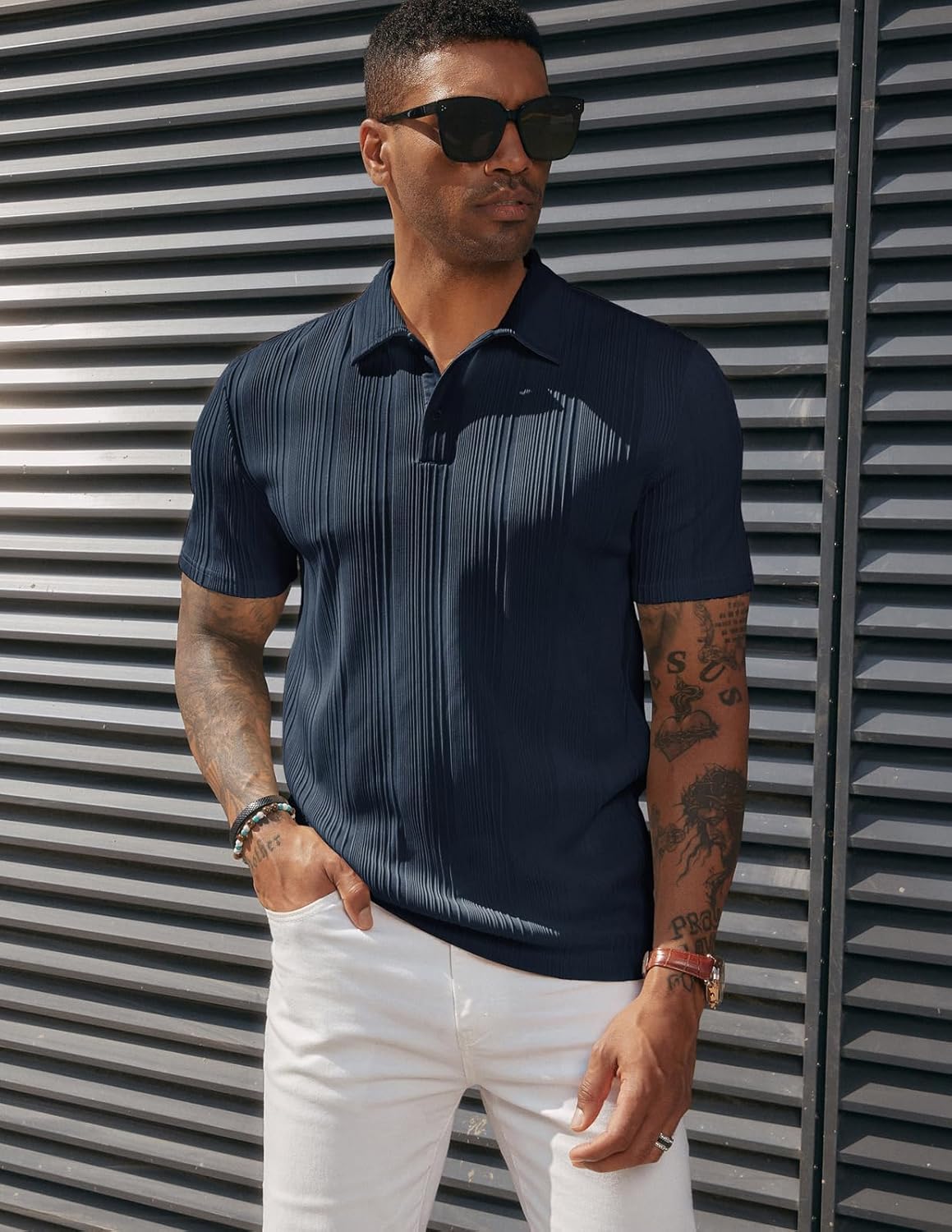 PJ PAUL JONES Men's Textured Knit Polo Shirt - Regular Fit, Stretchy Fabric for Comfort