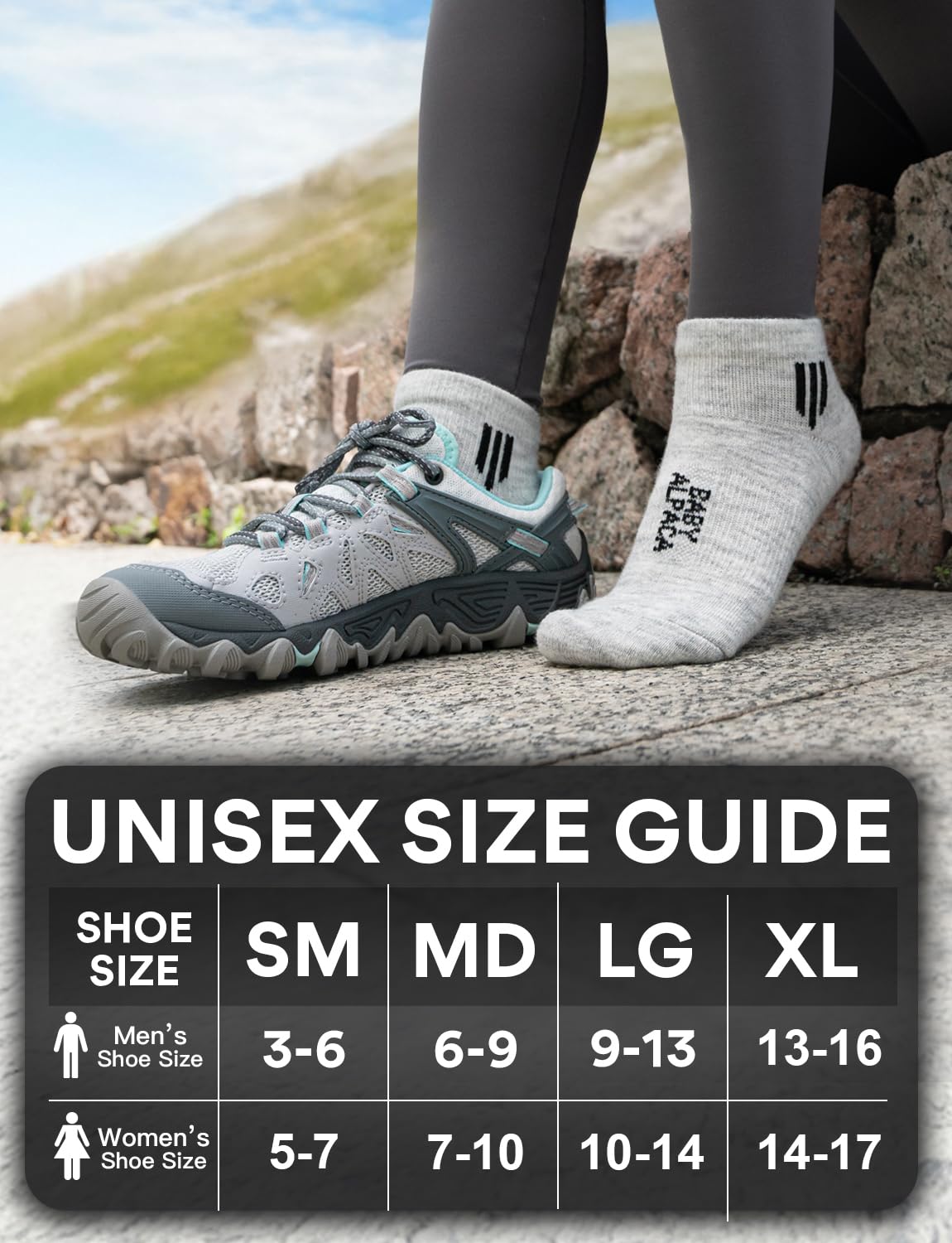 Juclise Alpaca Wool Ankle Socks Moisture Wicking Anti-Blister Lightweight Breathable Golf Hiking Cushion Socks Men Women L, Pebble Grey
