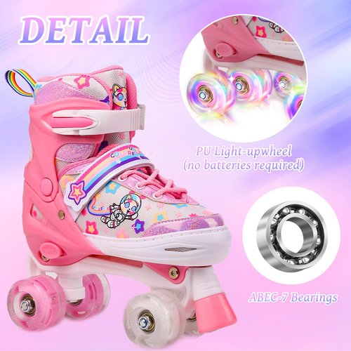 Kids Roller Skates Adjustable Roller Skates Girls Ages 3-12, 4 Size Adjustable Kids Skates, with 4 Light UP Wheels, Roller Skates for Toddlers Beginner (Pink, M)