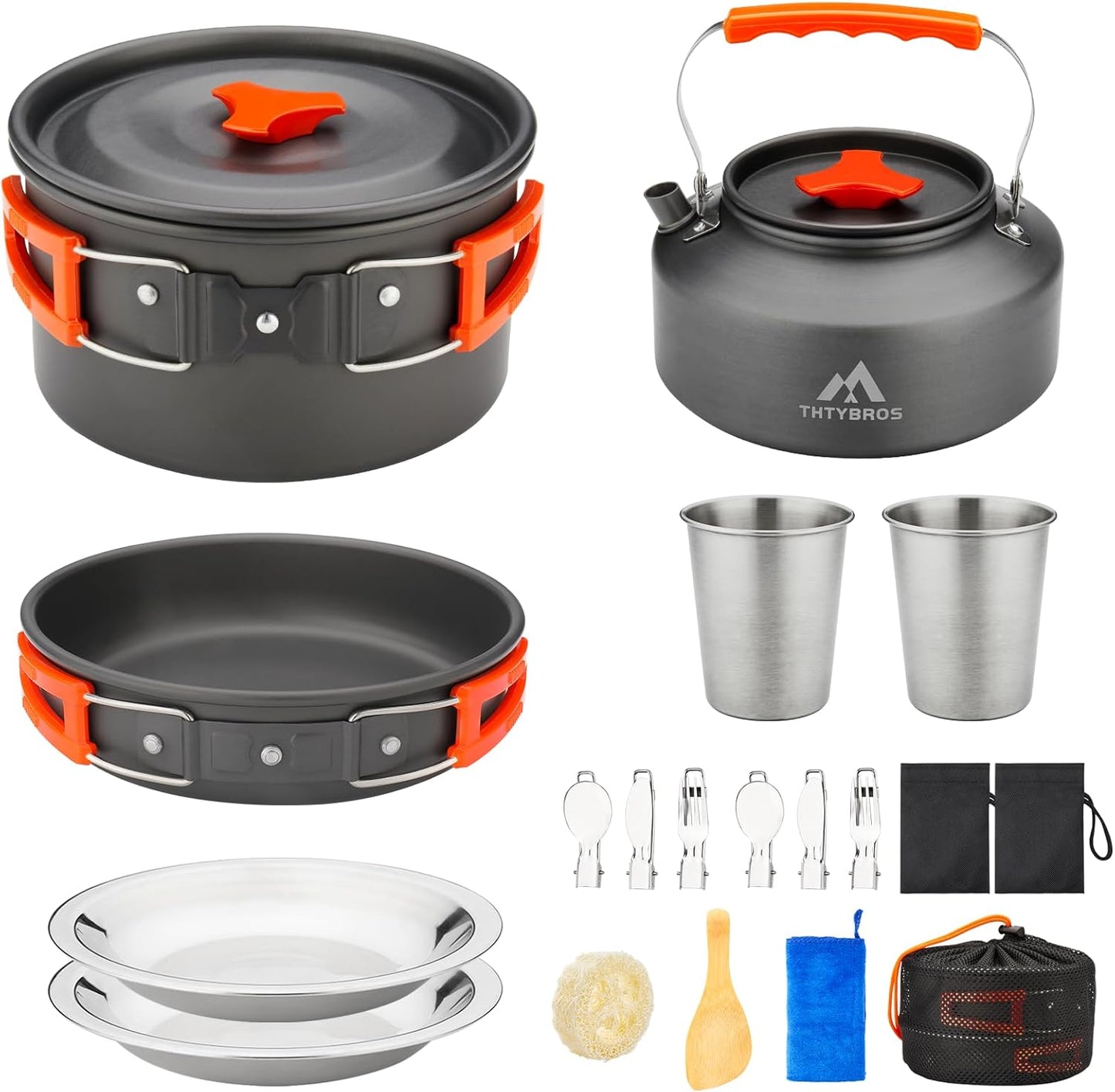 THTYBROS Camping Cookware Kit - 17-Piece Set with 0.45 Gal Pot, 7-Inch Pan & Stainless Steel Utensils