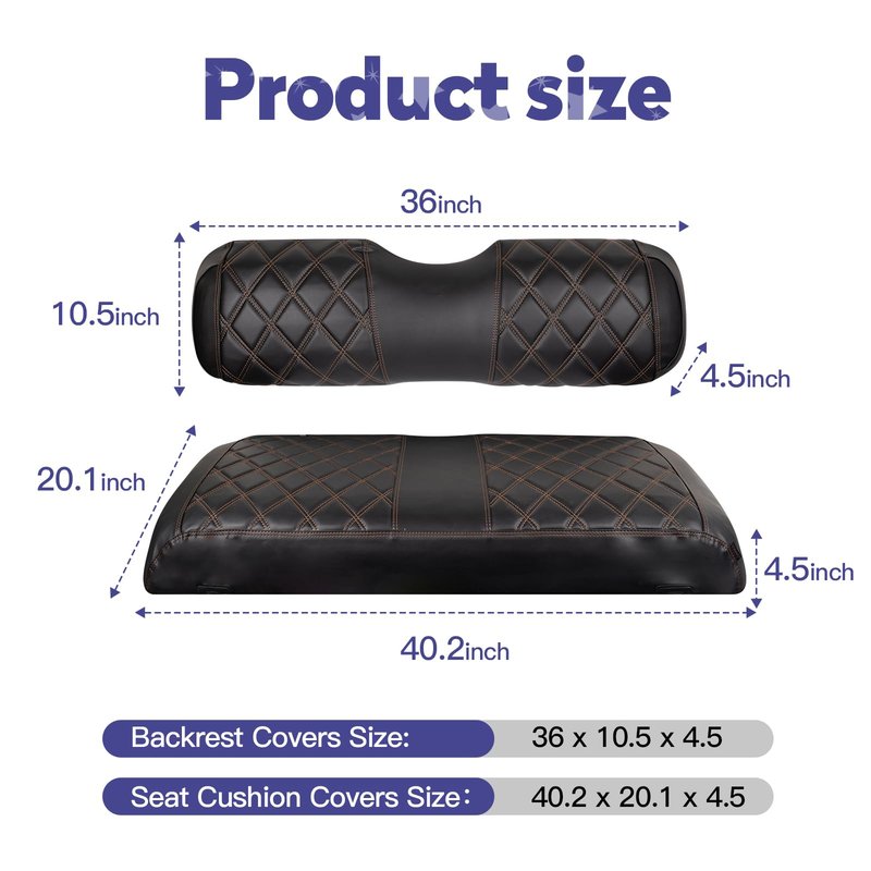 NOKINS Golf Cart Diamond Seat Covers Kit, Fit for EZGO TXT 1994-2013/EZGO RXV OEM Standard Front Seat Cushion, Golf Cart Vinyl Seat Cover, No Nails Required (Black and Brown Stitching)