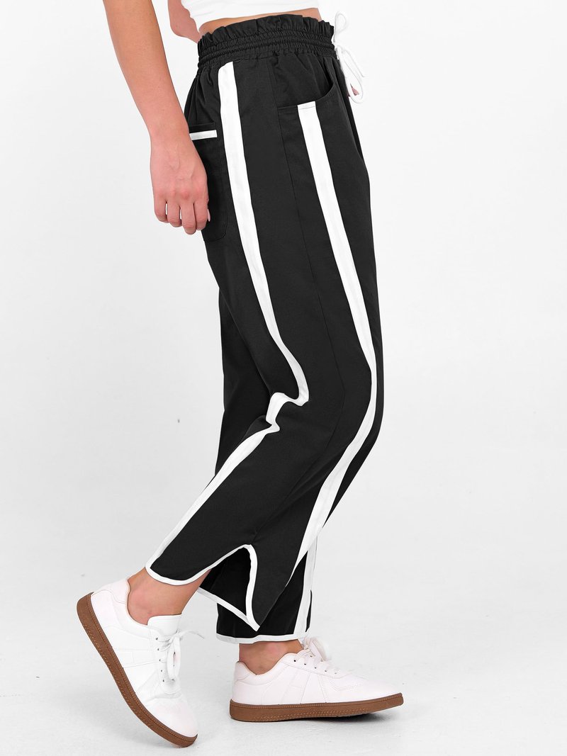 ANRABESS Women Track Pants Casual Drawstring Waist Lightweight Baggy Contrast Color Workout Barrel Leg Pants with Pockets Black Medium