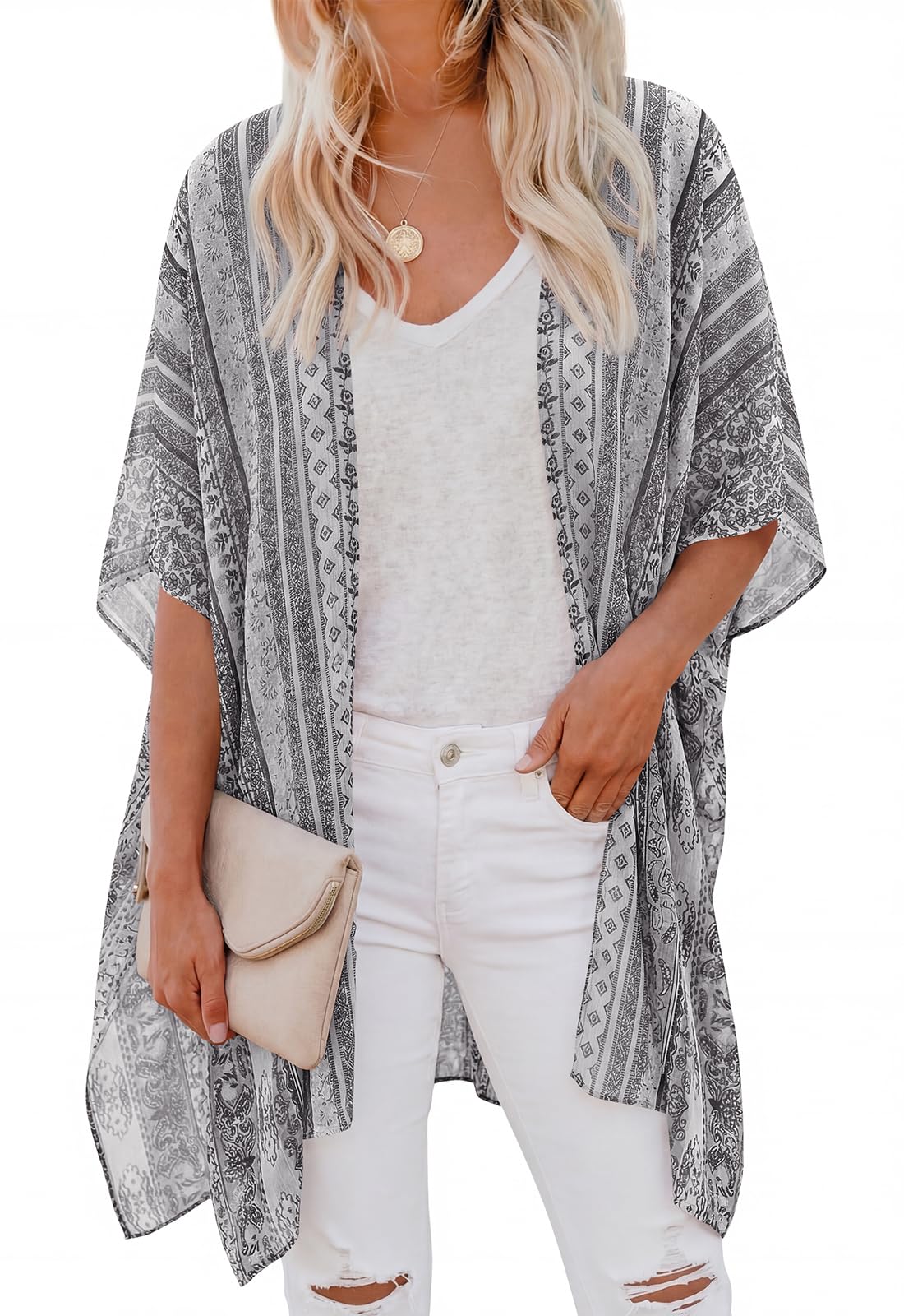 PRETTYGARDEN Summer Kimonos for Women Boho Floral Short Sleeve Kimono Cardigans Swimsuit Beach Cover Ups for Women Swimwear (Grey Floral, Large)