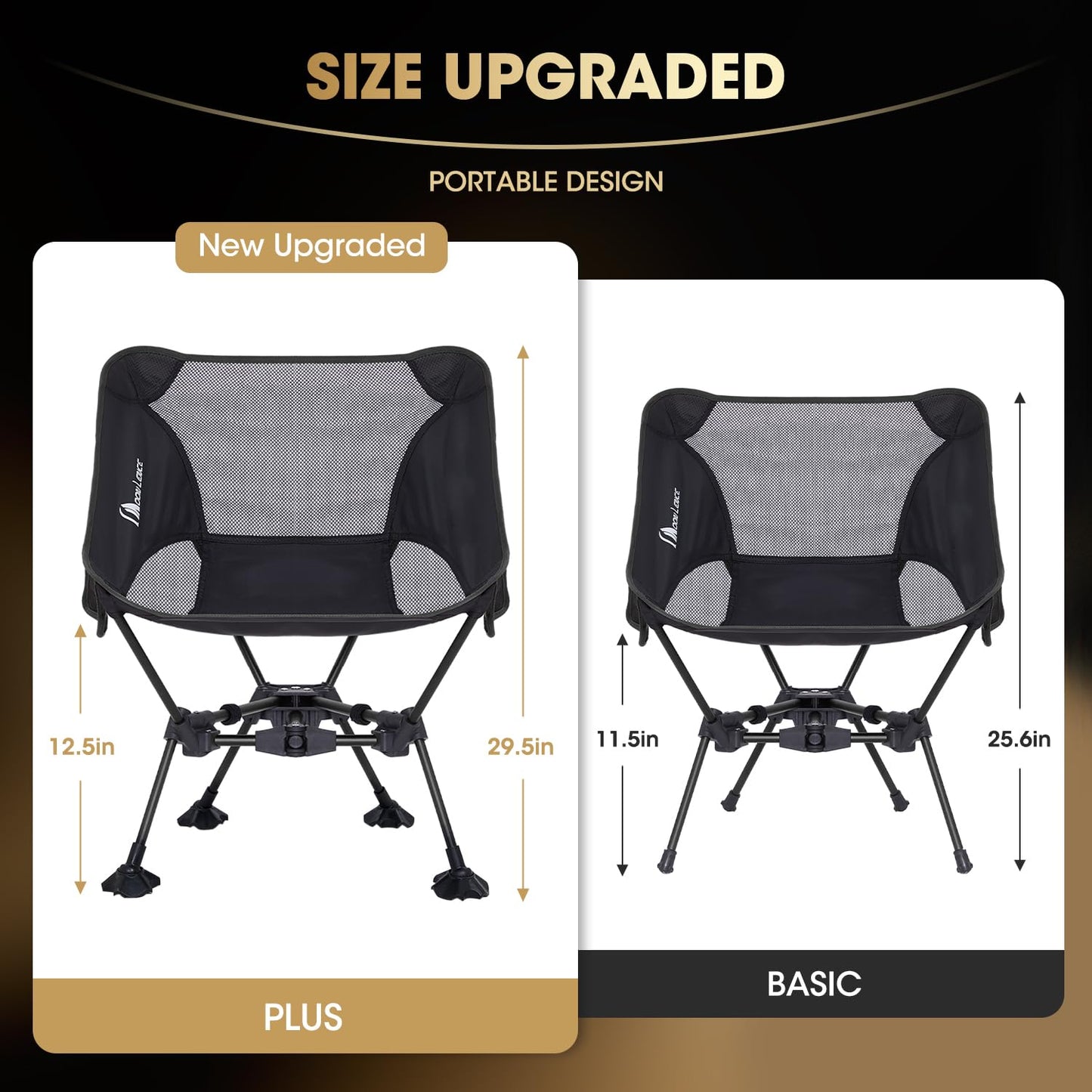 MOON LENCE Portable Camping Chair，Lightweight Backpacking Hiking Chairs,Compact,Foldable,with Anti-Sinking Large Feet for Beach,330 lbs Capacity (Black, Plus)