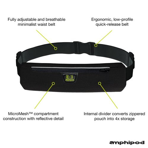 Amphipod AirFlow MicroStretch Plus Belt, Ultra-Light Minimalist Runners Waist Pack Bag for Running & Walking, Men & Women - Black/Silver - XL