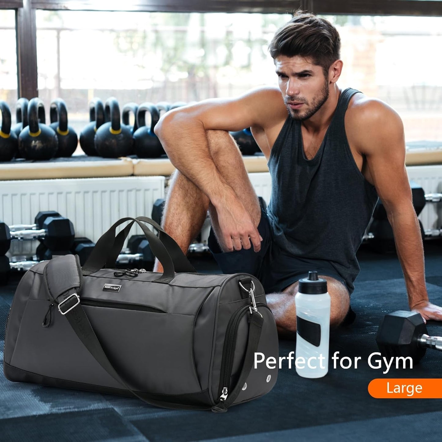 TOPDesign Gym Bag - Unisex Duffel with Shoe Compartment & Wet Pocket for Travel | Light Grey